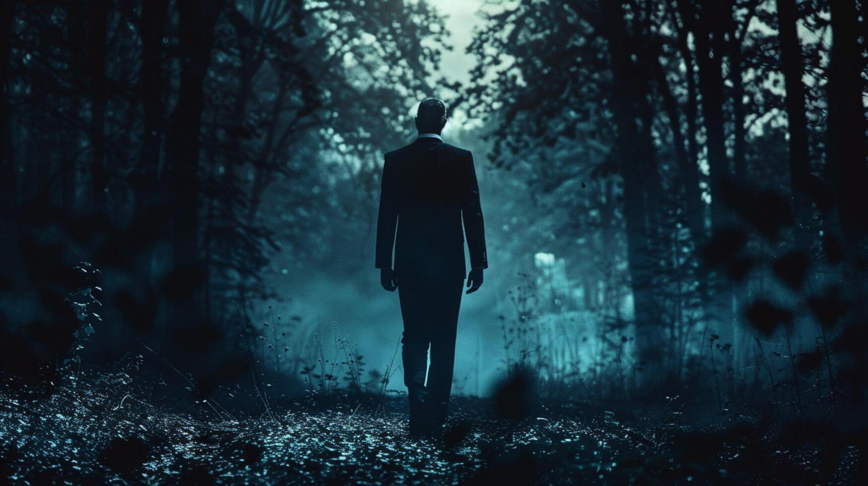 a spooky businessman walks in the dark forest photo