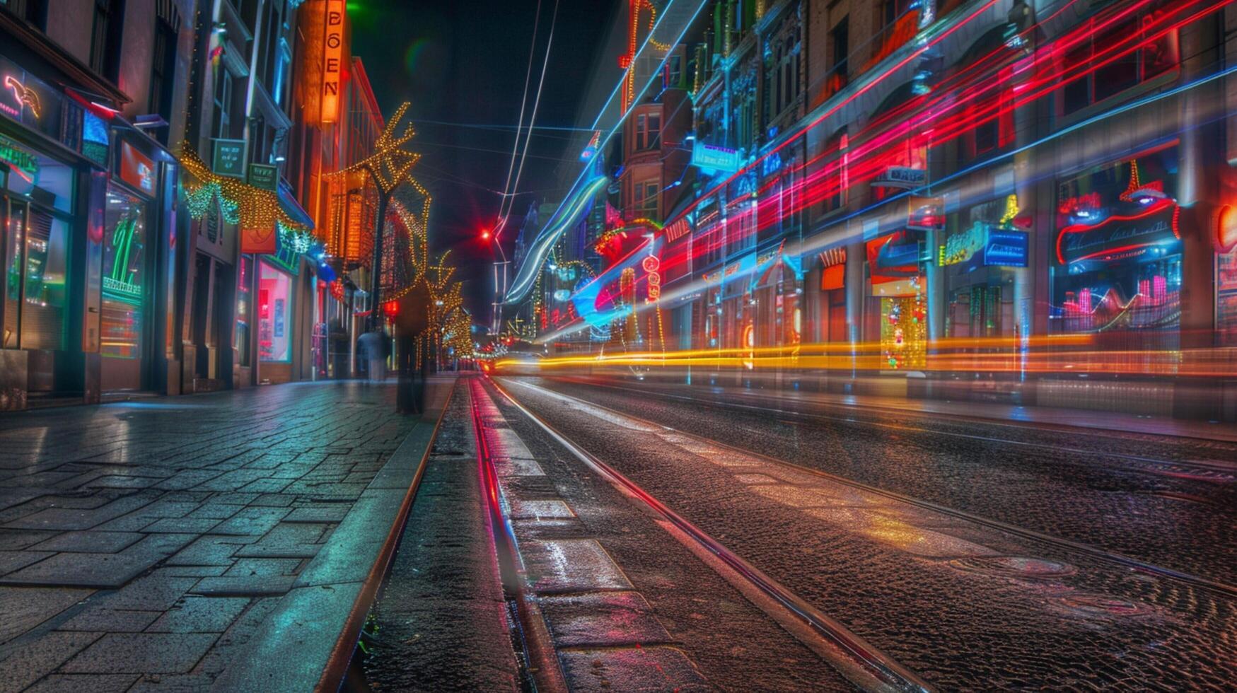 a street scene with a light trails from the city photo