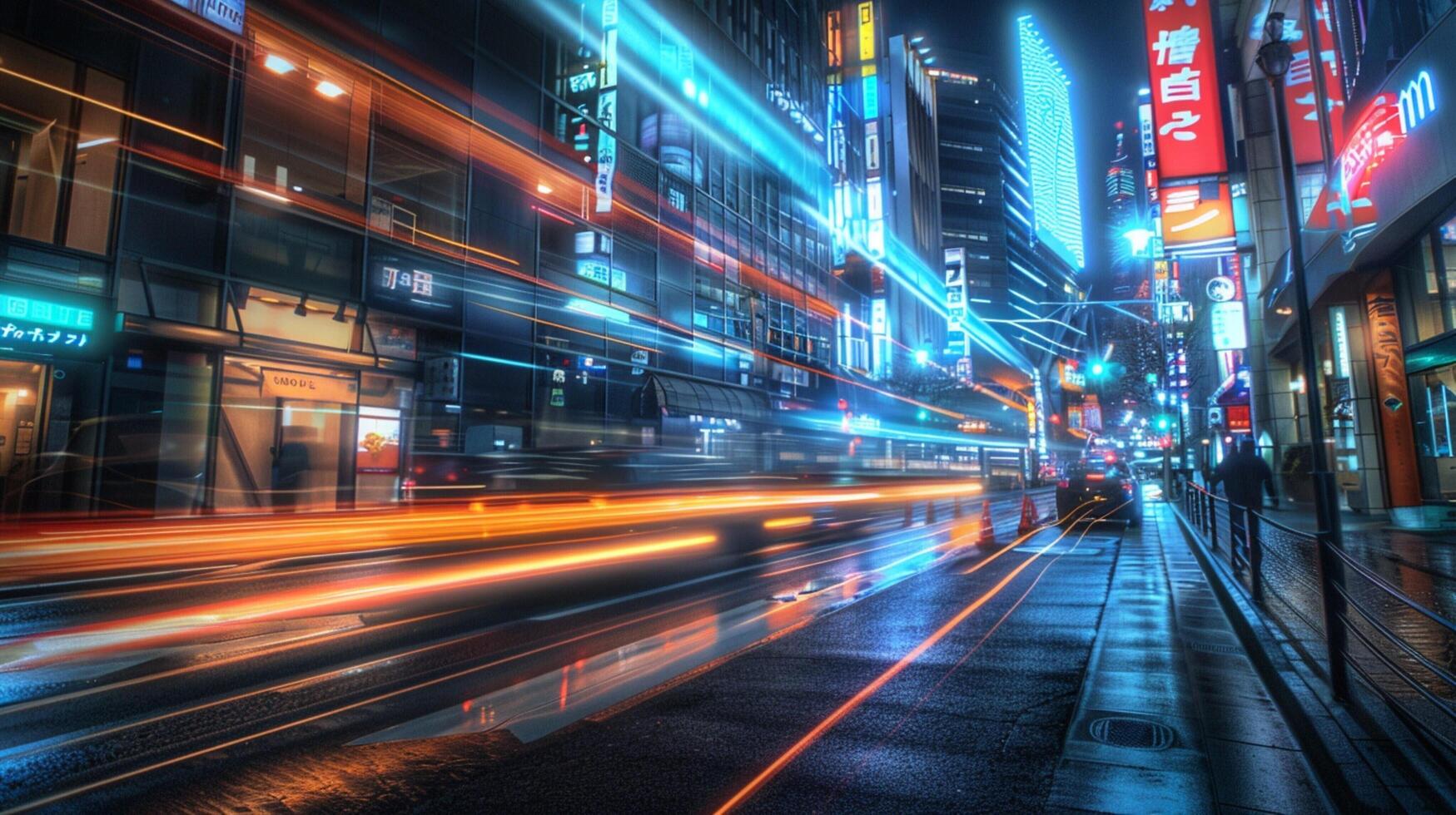 a street scene with a light trails from the city photo