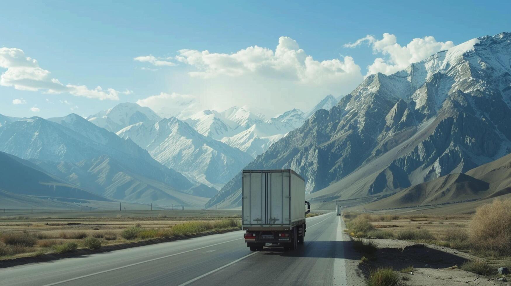 a truck with a white trailer drives down a road photo