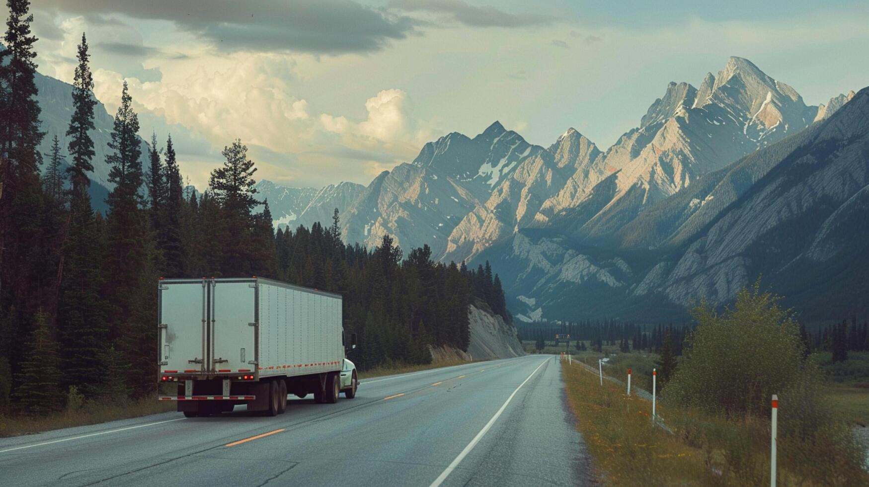 a truck with a white trailer drives down a road photo