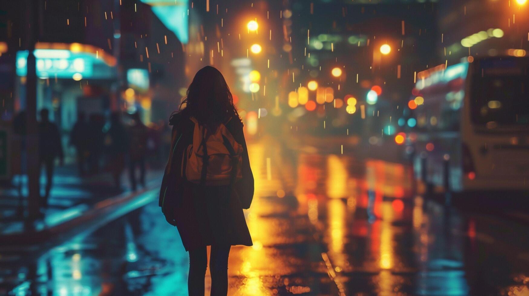 a young adult walking in the city at night photo