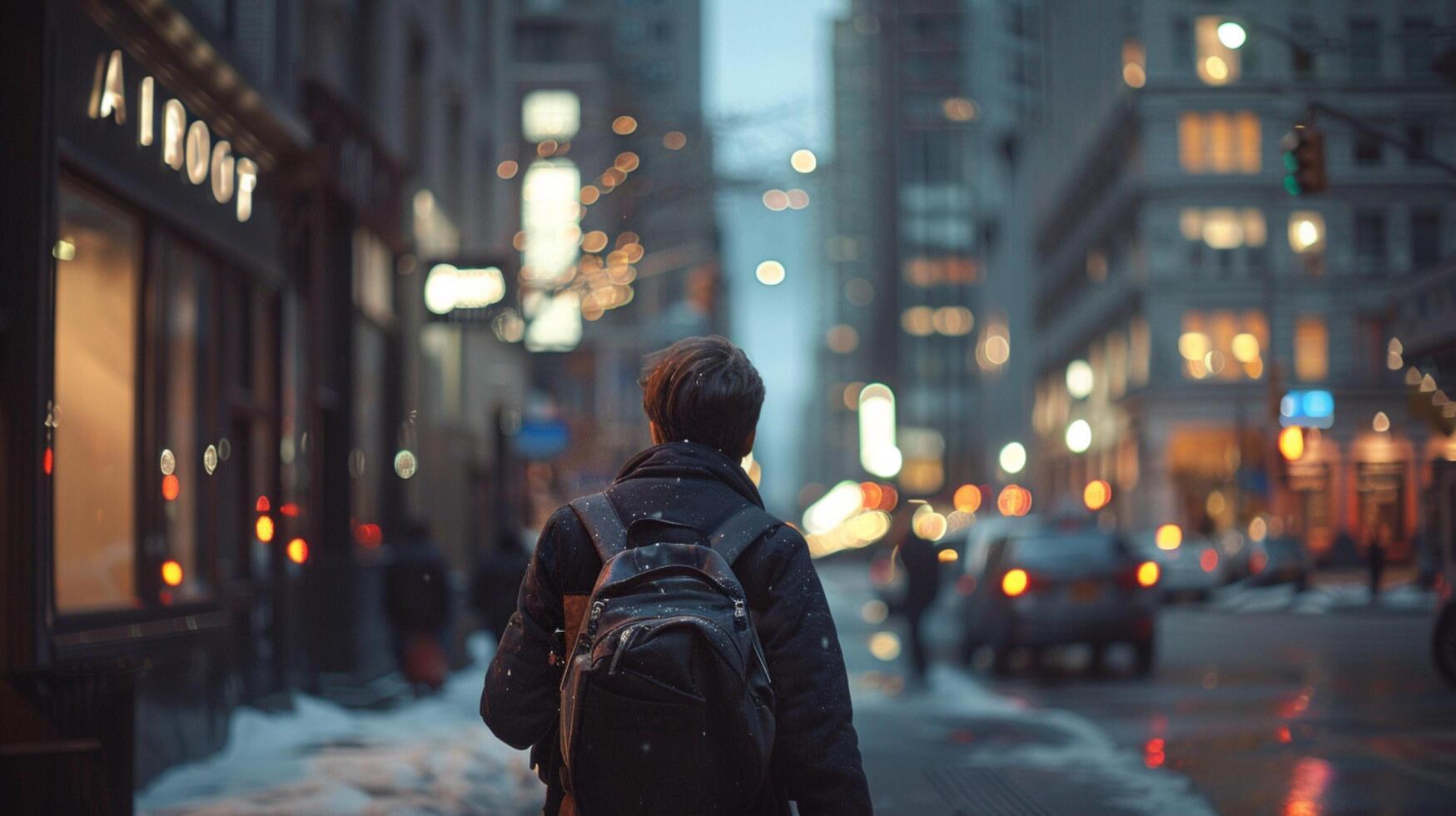 a young adult walking in the city at night photo