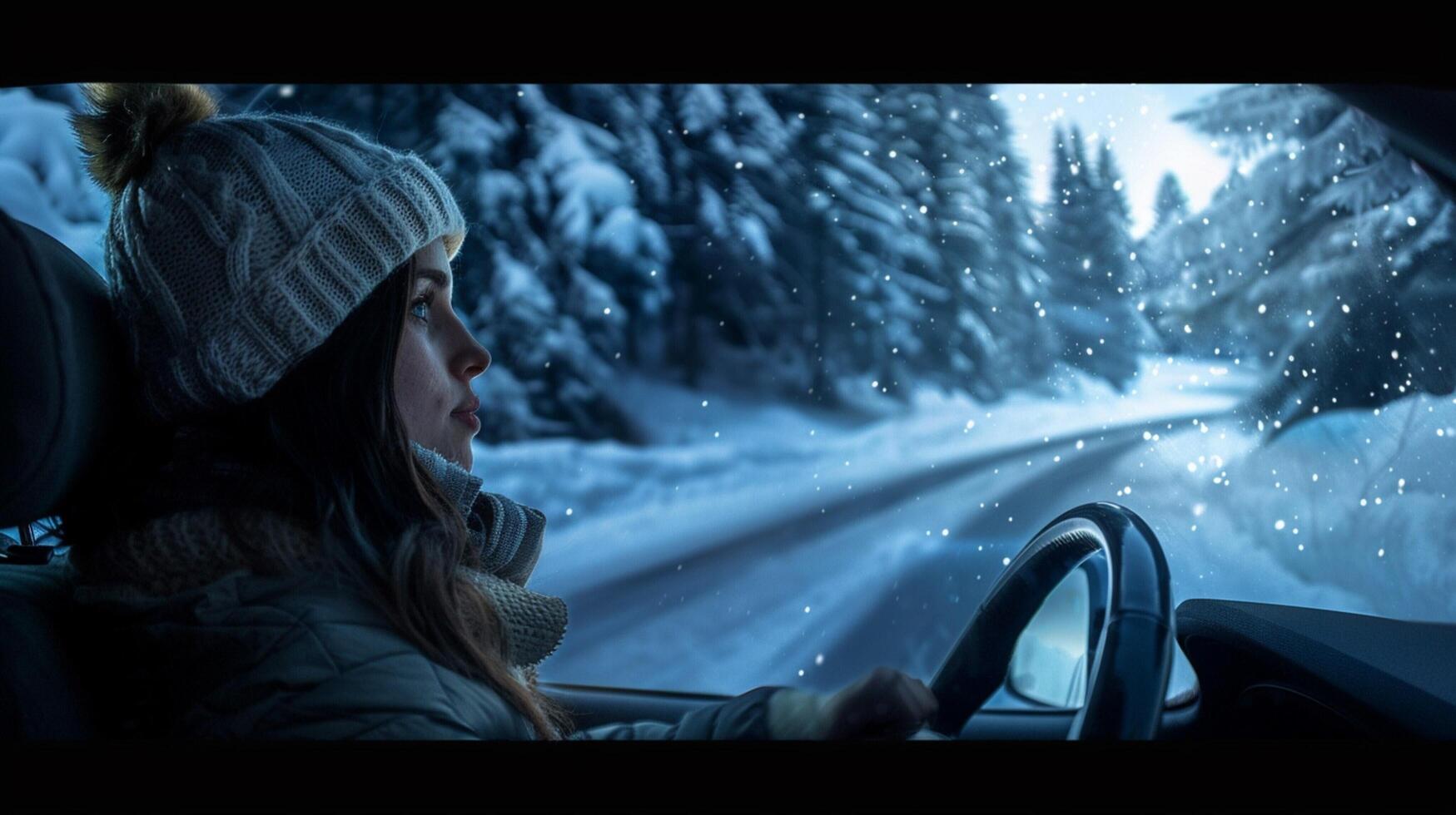 a young woman driving enjoying the winter night photo