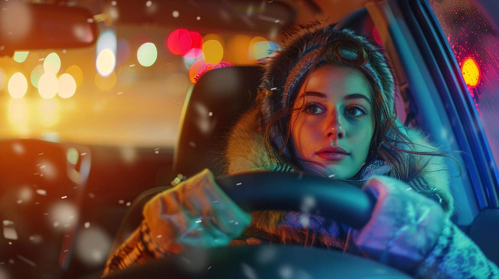 un joven mujer conducción disfrutando el invierno noche foto