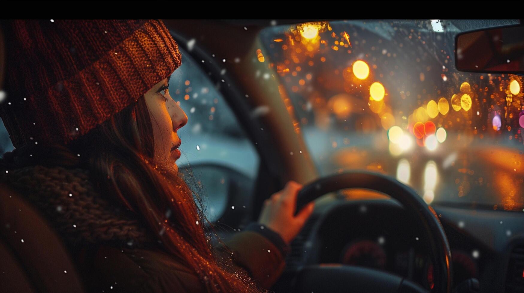 a young woman driving enjoying the winter night photo