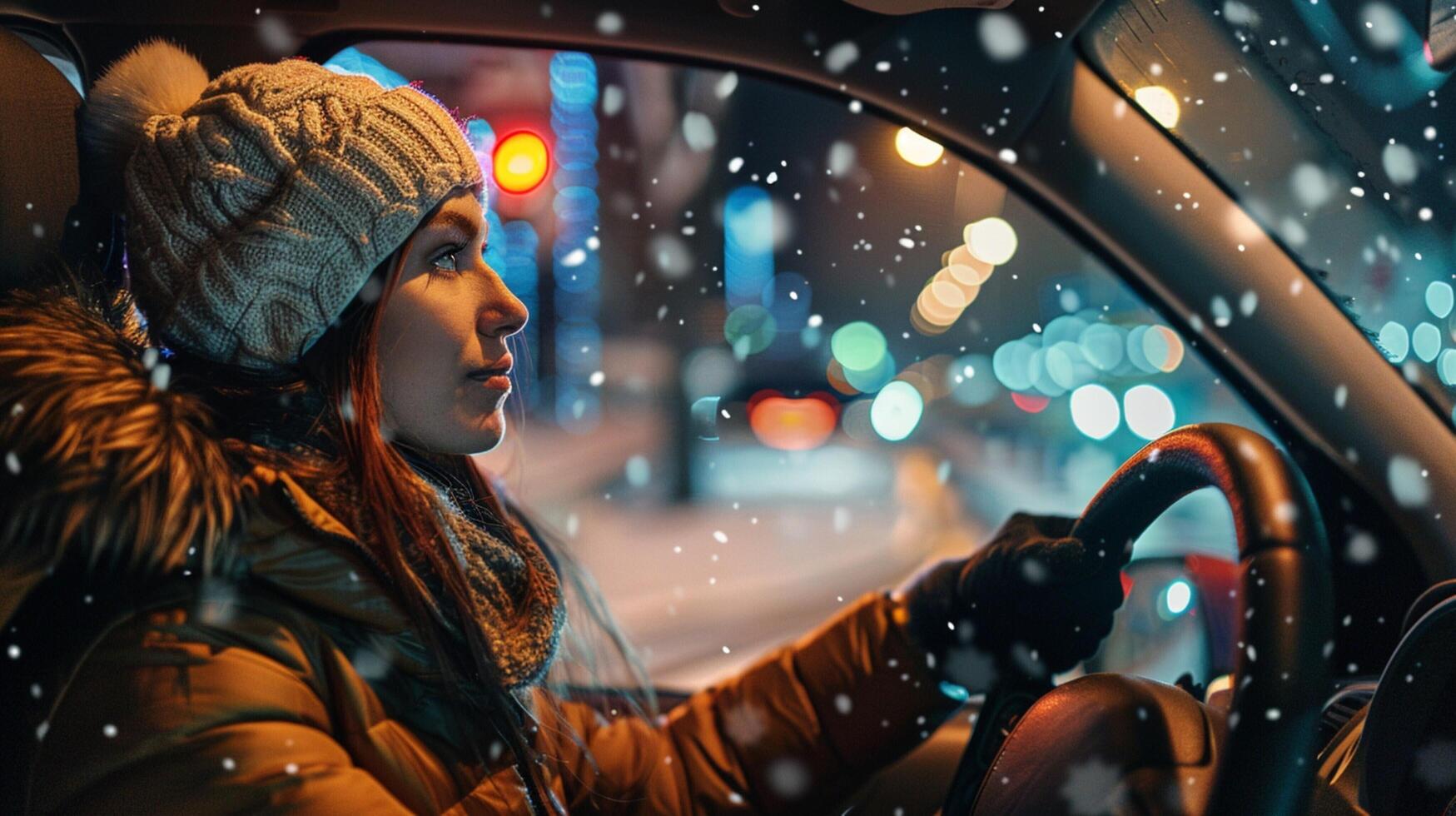 a young woman driving enjoying the winter night photo