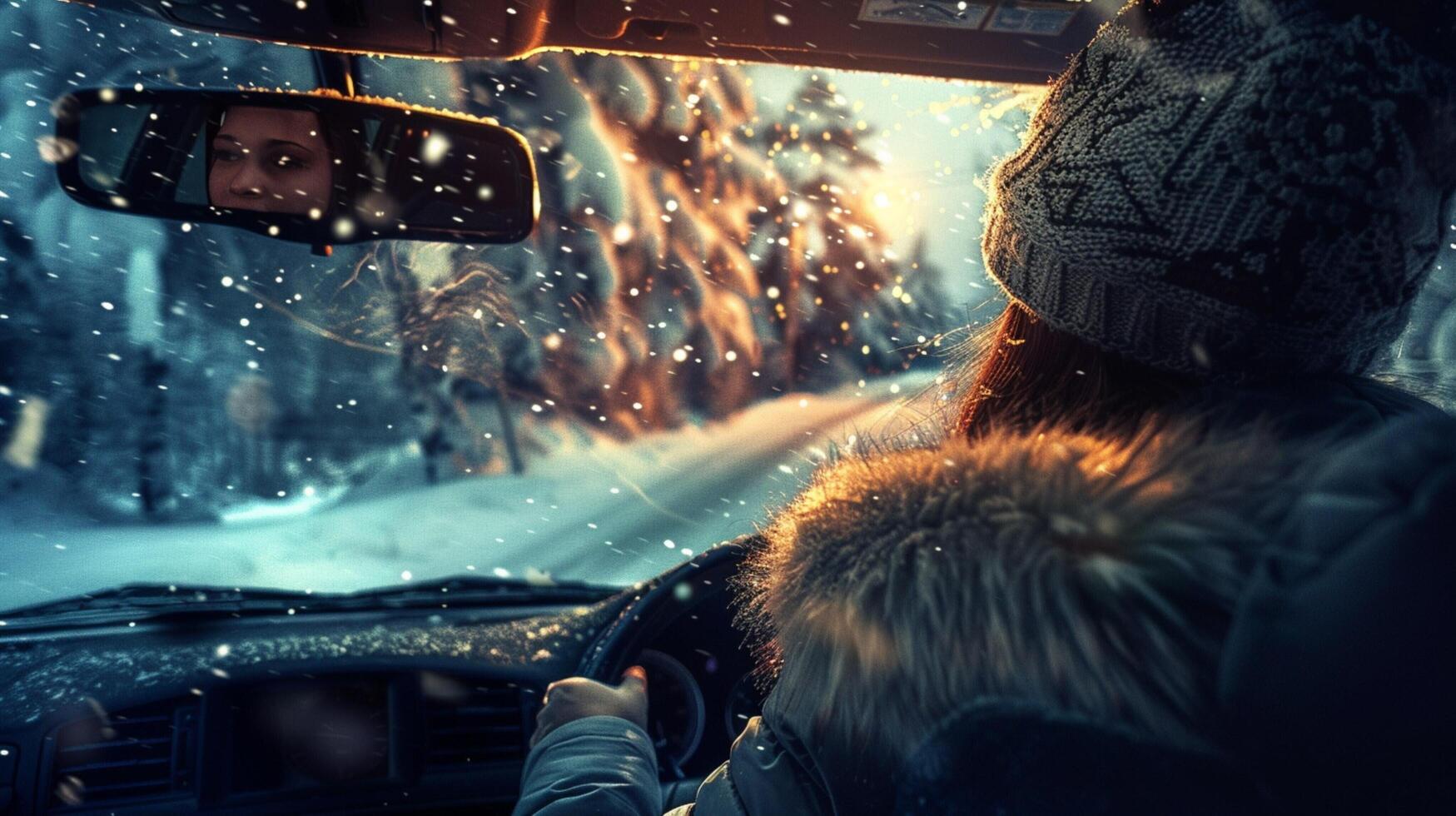 a young woman driving enjoying the winter night photo