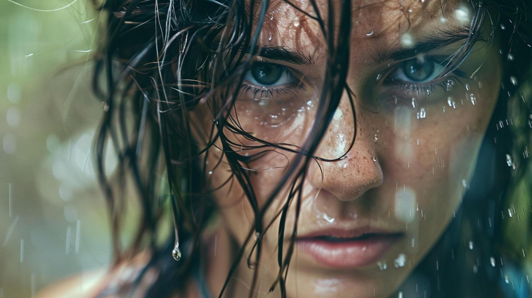 a young woman wet hair looking at camera outdoor photo