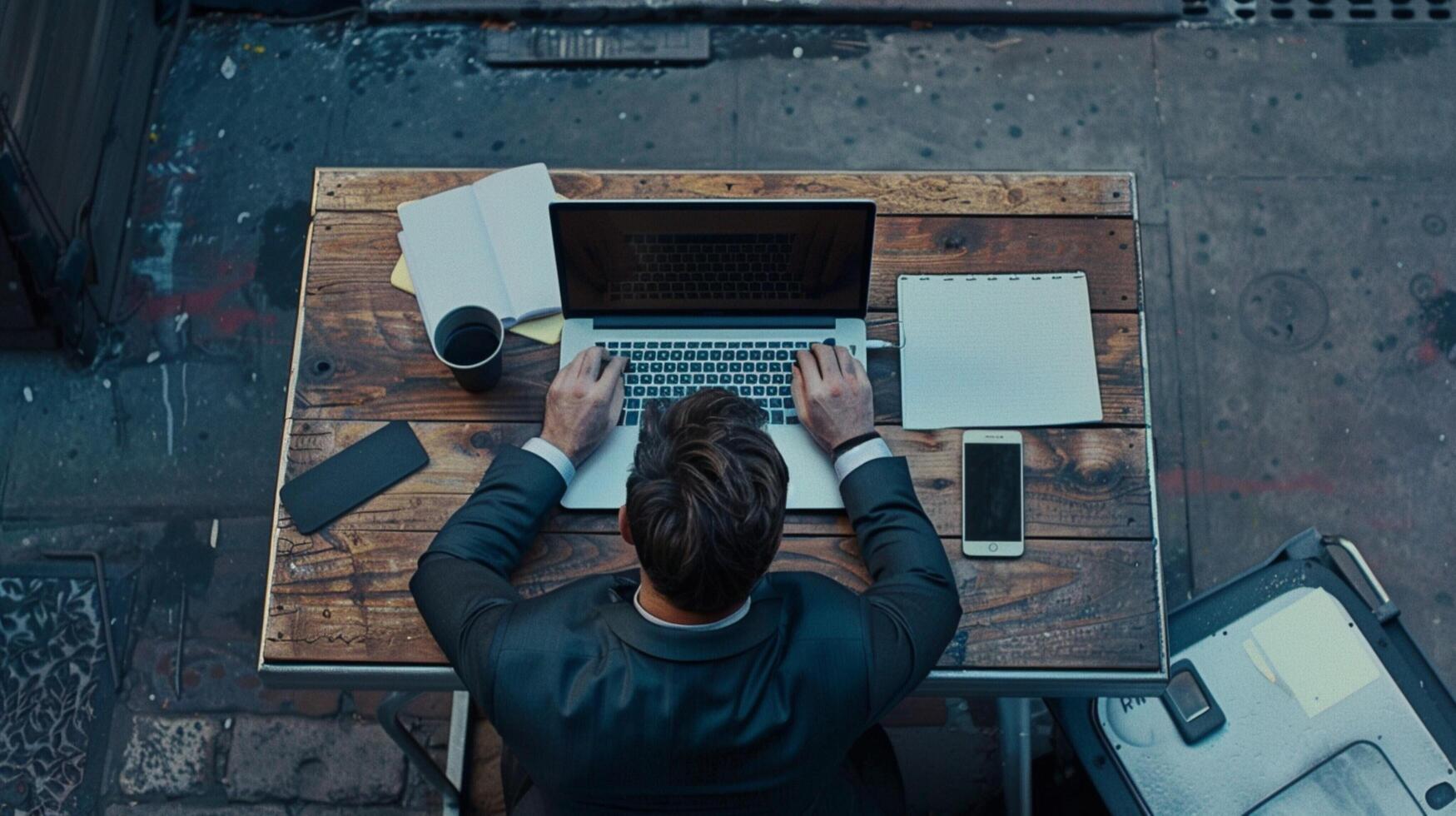 aerial view of businessman using computer laptop photo