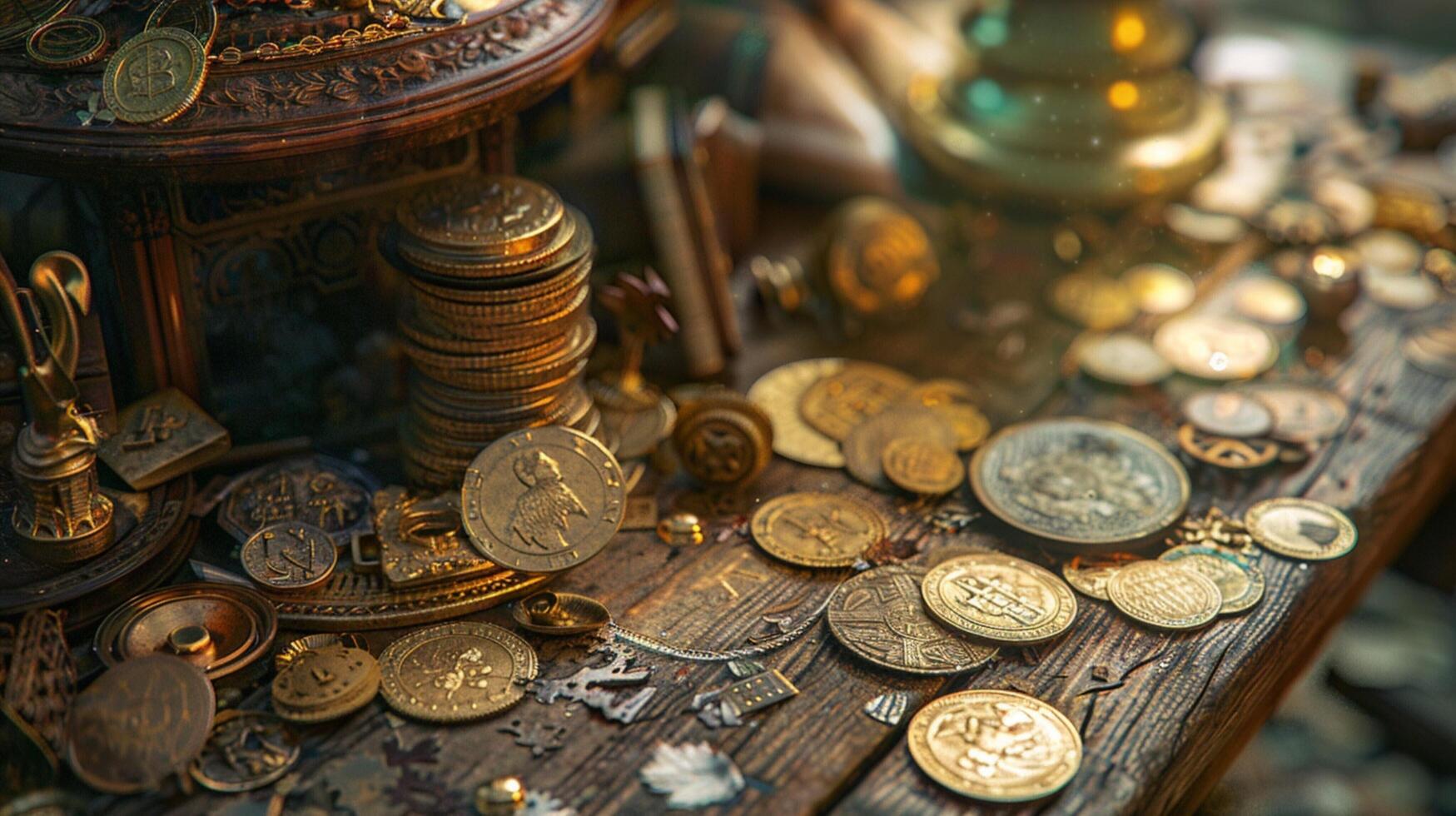 abundance of wealth on old wooden table photo