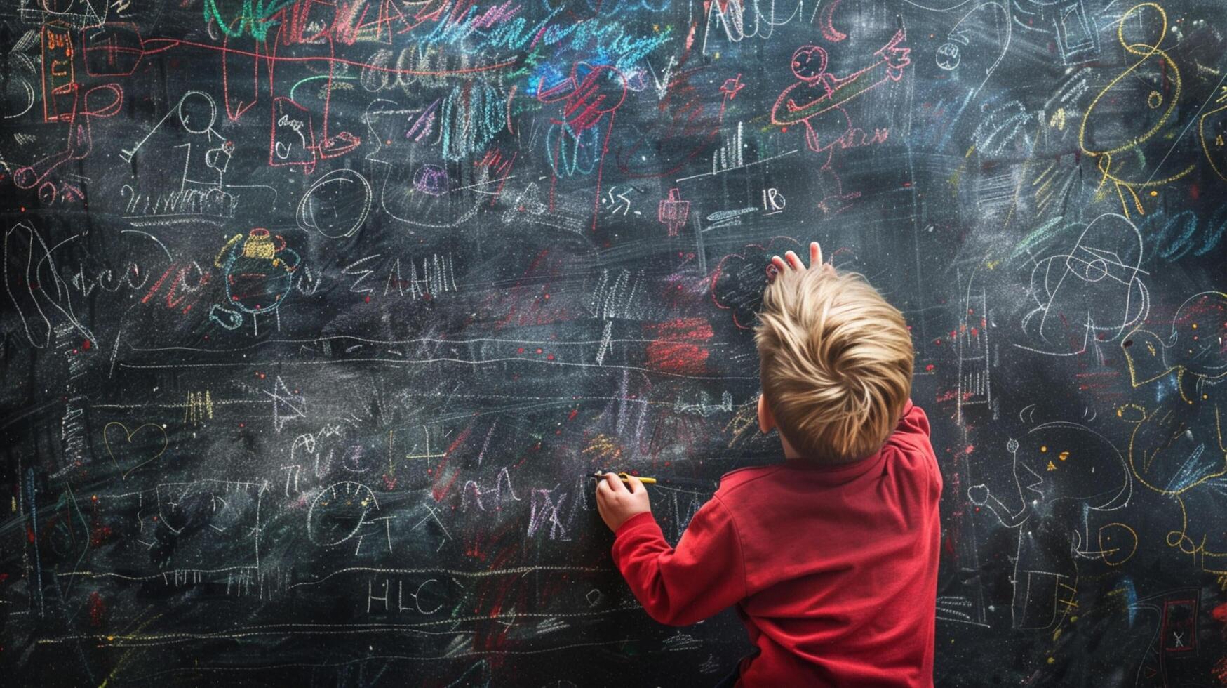 aerial view of kid hand drawing on chalkboard photo