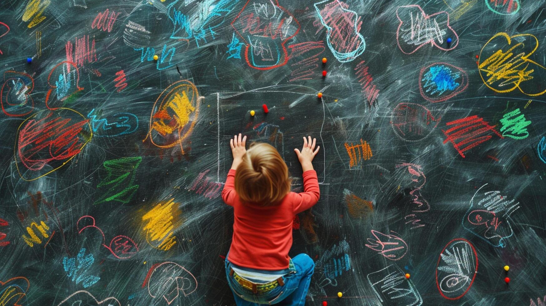 aerial view of kid hand drawing on chalkboard photo