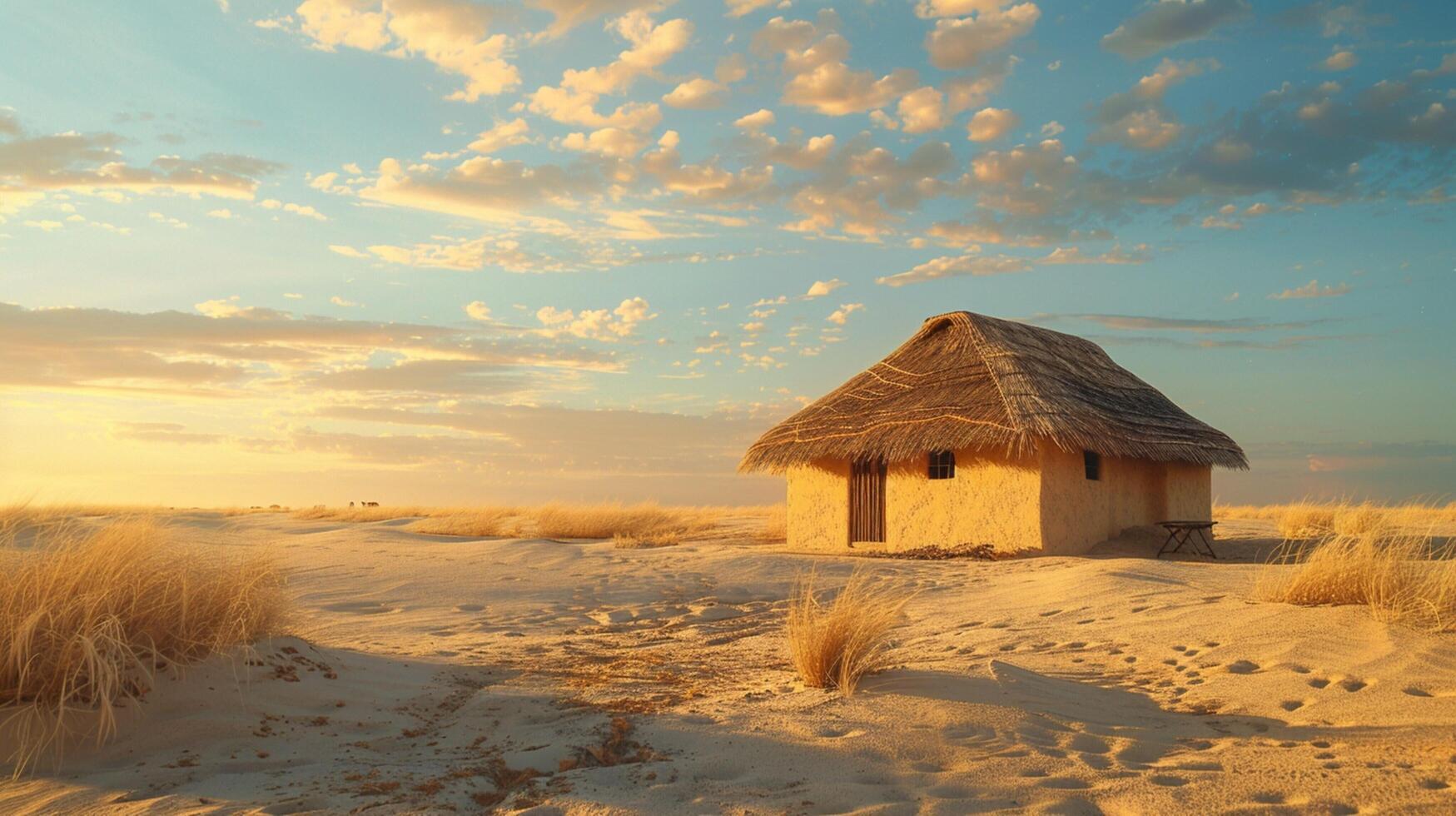 african hut in rural scene surrounded by sand photo