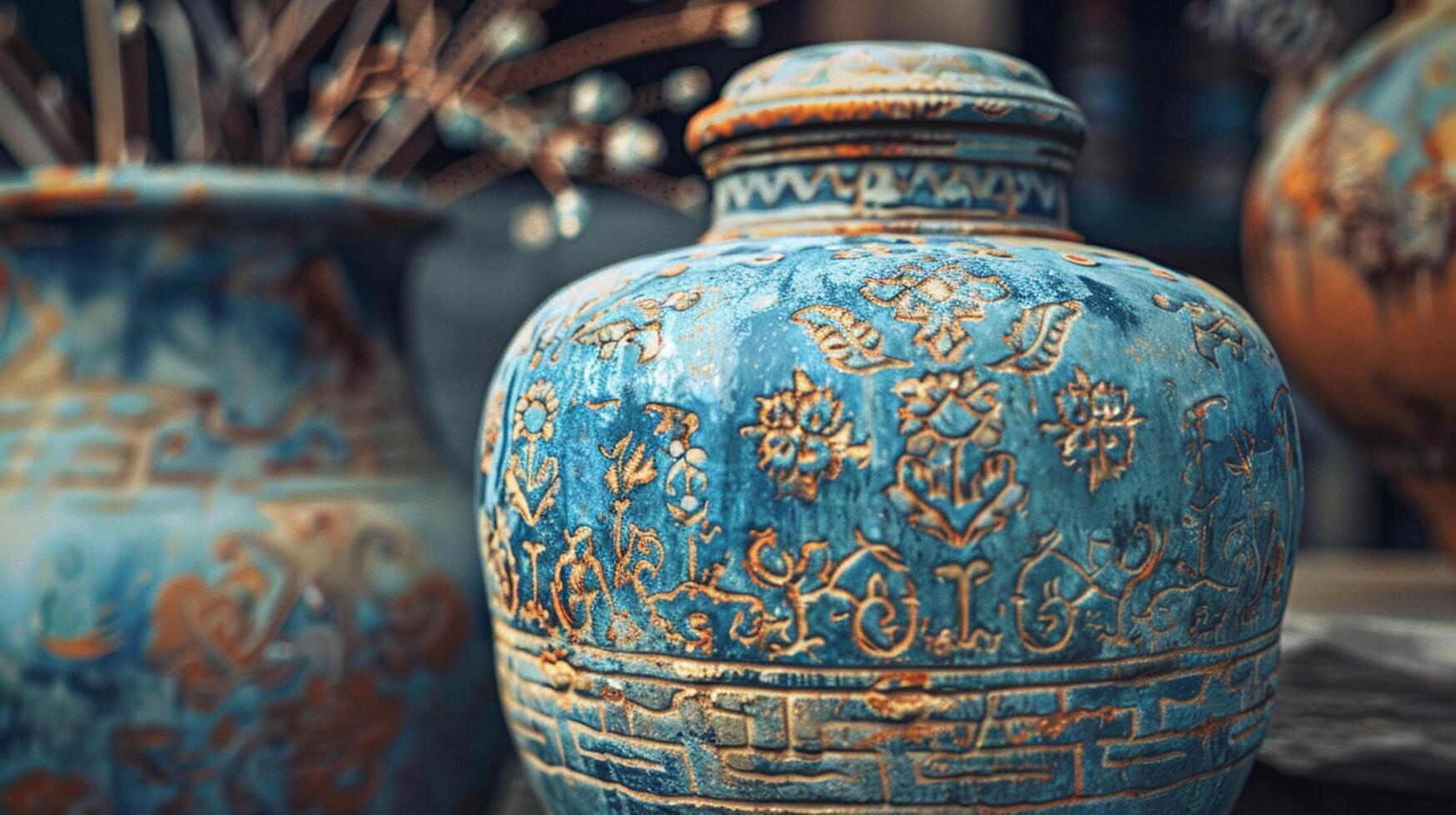 ancient earthenware jar ornate decoration blue photo