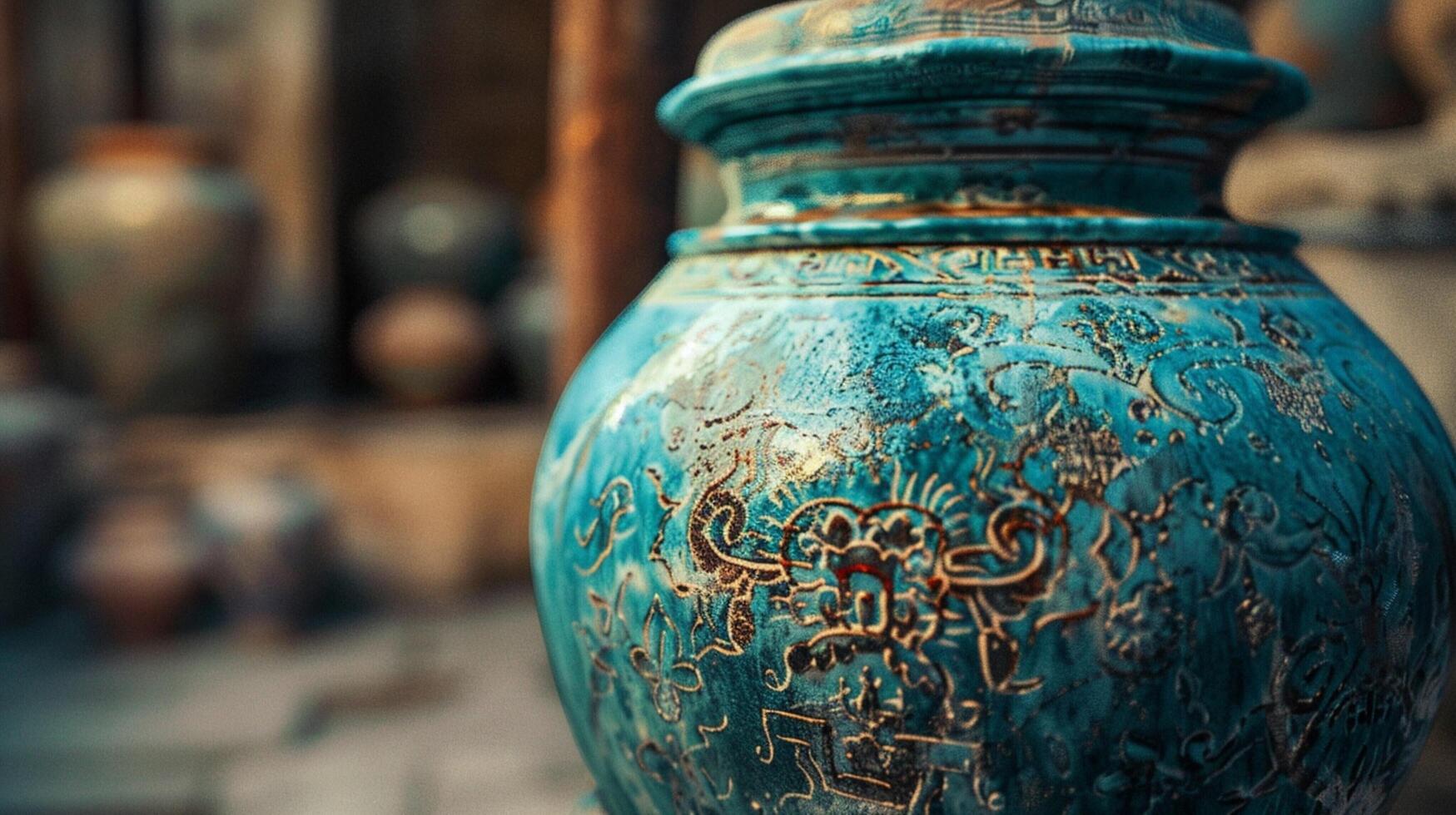 ancient earthenware jar ornate decoration blue photo