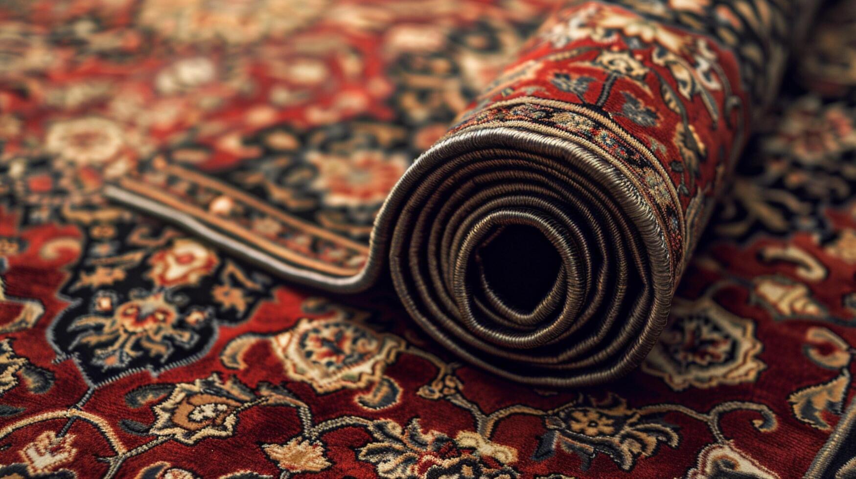 ancient rolled up silk rug ornate patterned photo