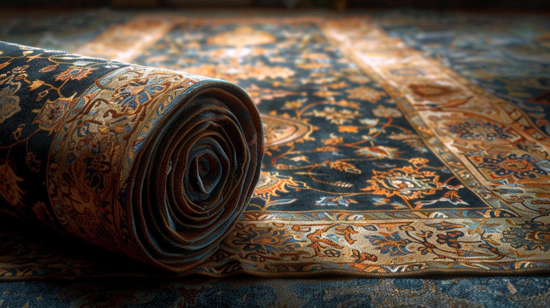 ancient rolled up silk rug ornate patterned photo