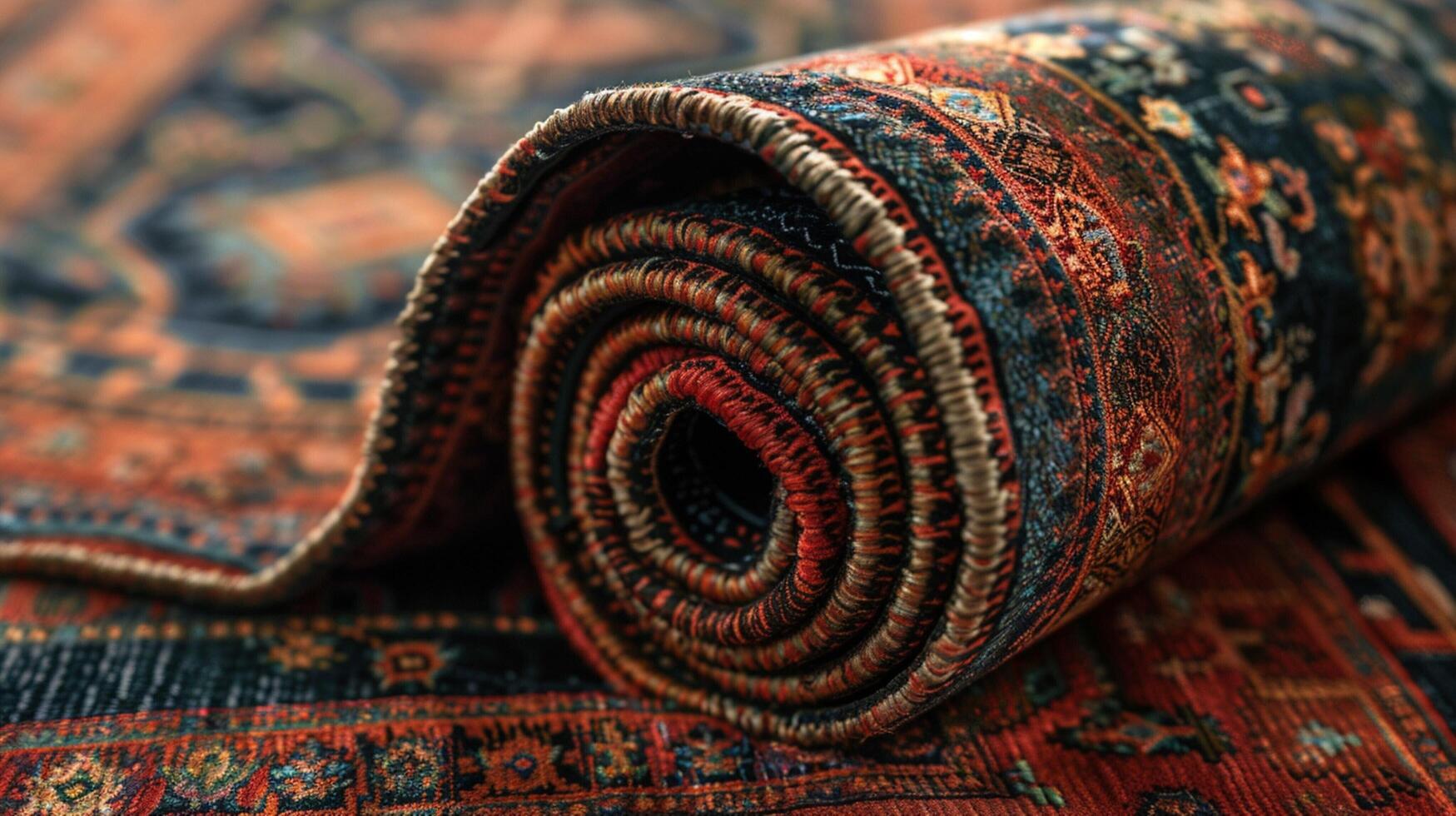 ancient rolled up silk rug ornate patterned photo