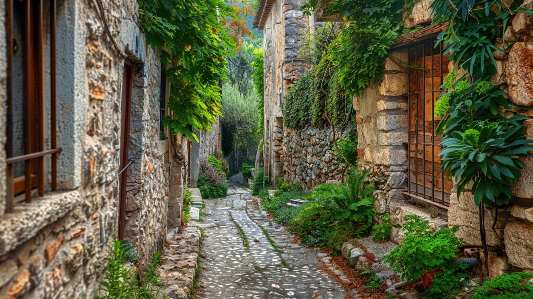 ancient stone building narrow footpath green tree photo