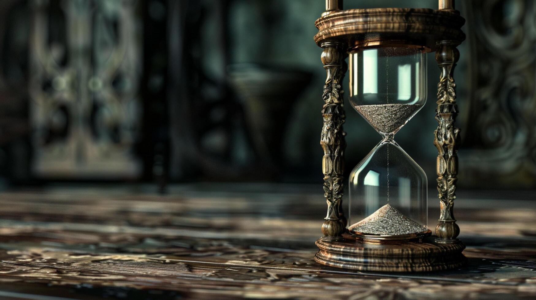 antique hourglass on old table tells time photo