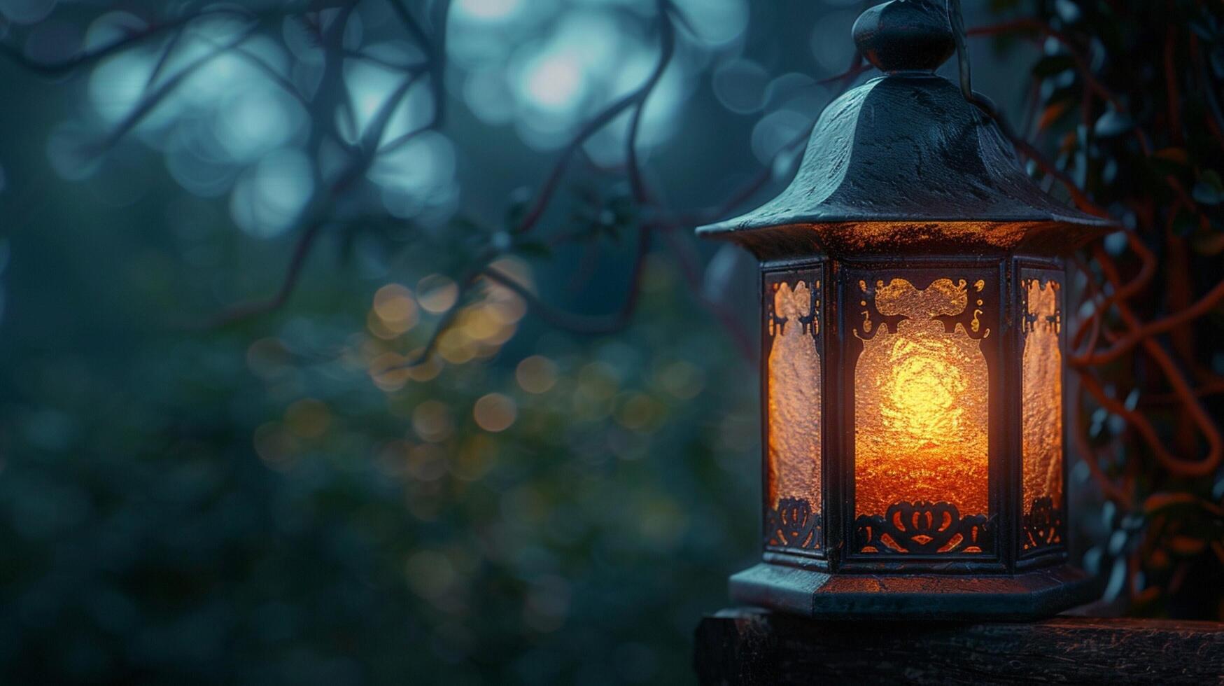 antique lantern glowing with natural flame light photo