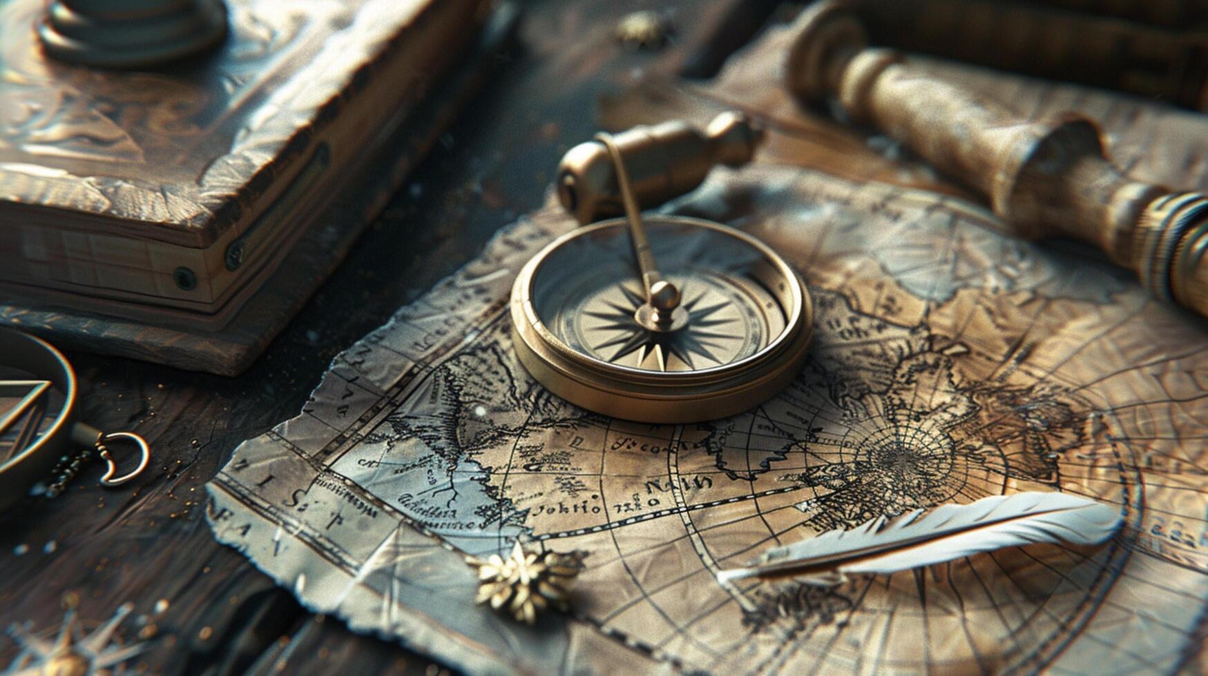 antique compass map and quill pen treasure photo