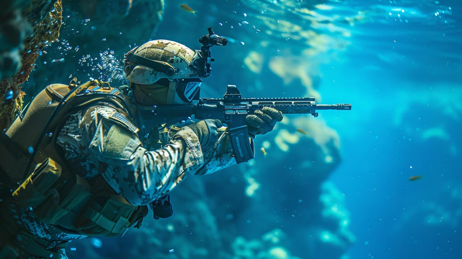 army soldier diving underwater equipped photo