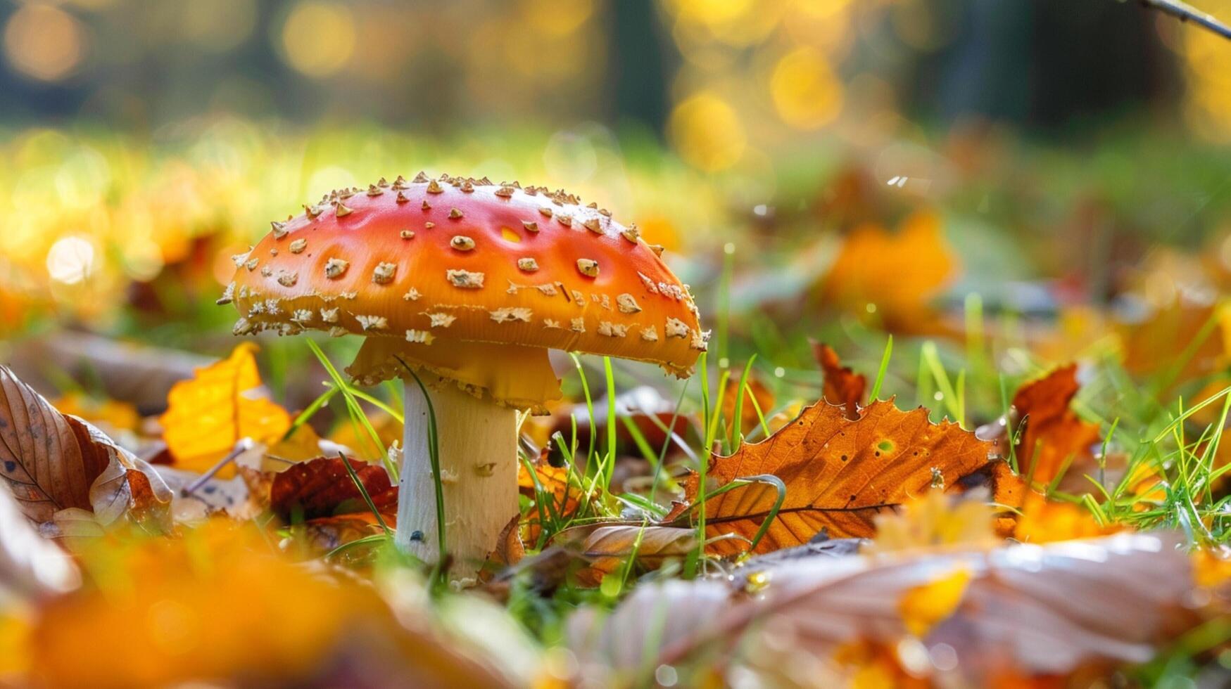 autumn forest close up of edible mushroom on grass photo