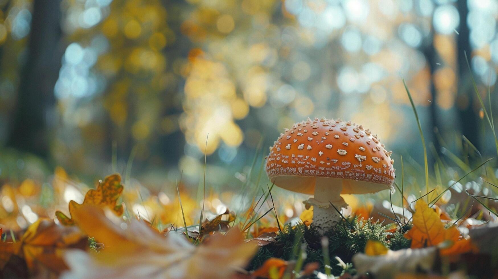 autumn forest close up of edible mushroom on grass photo