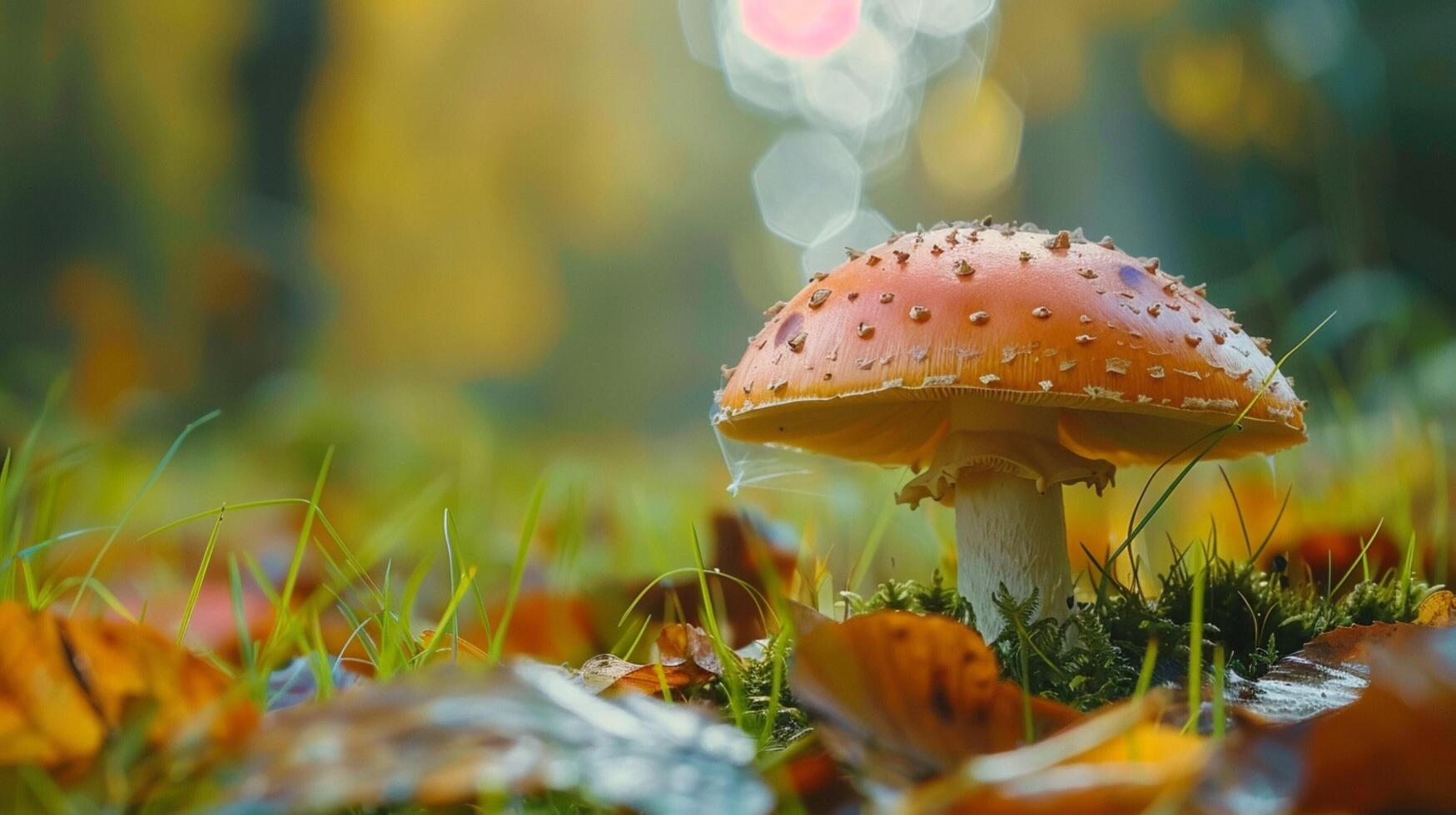 autumn forest close up of edible mushroom on grass photo