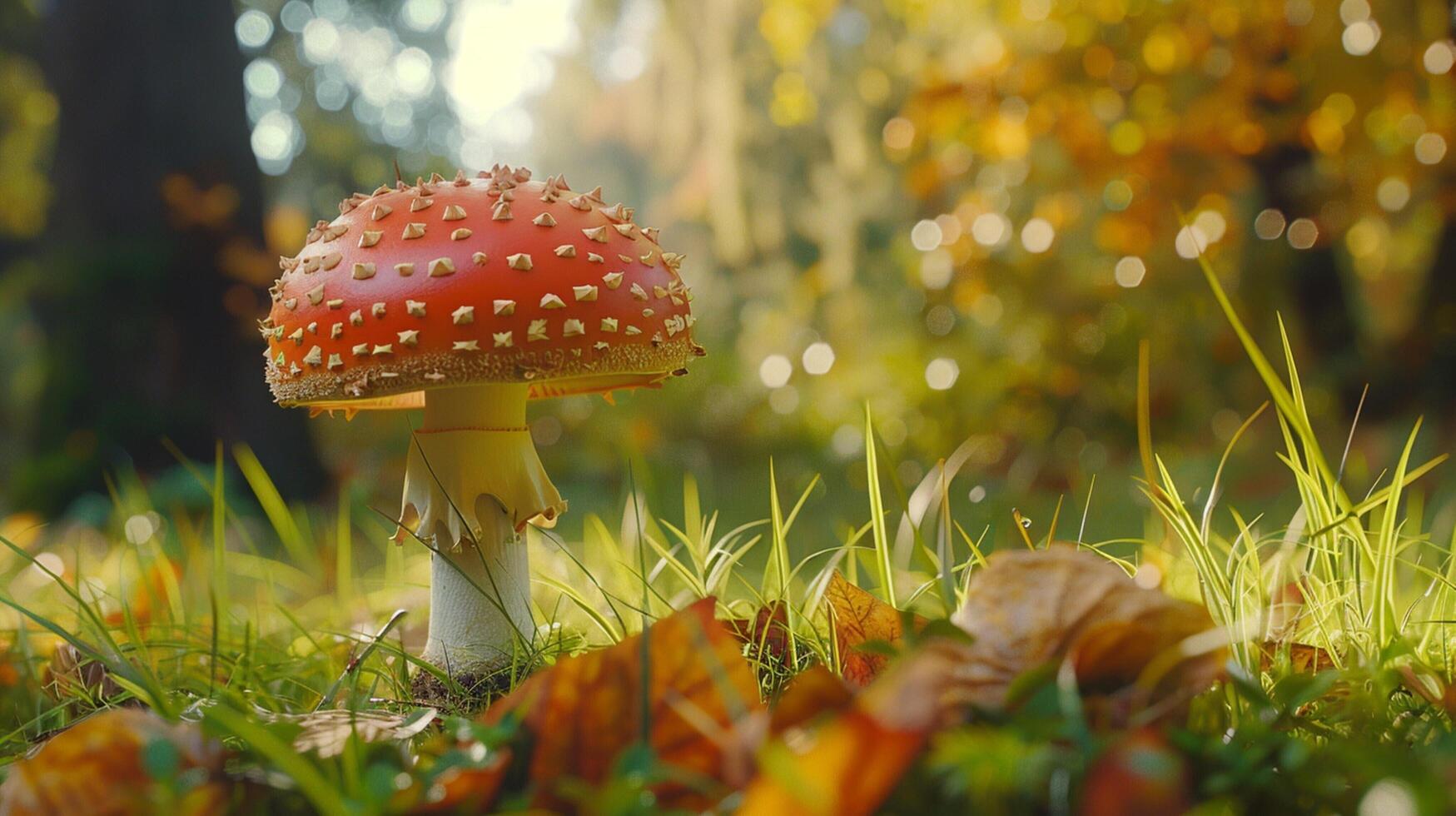 autumn forest close up of edible mushroom on grass photo