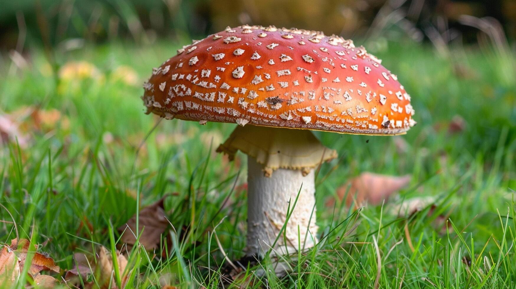 autumn forest close up of edible mushroom on grass photo