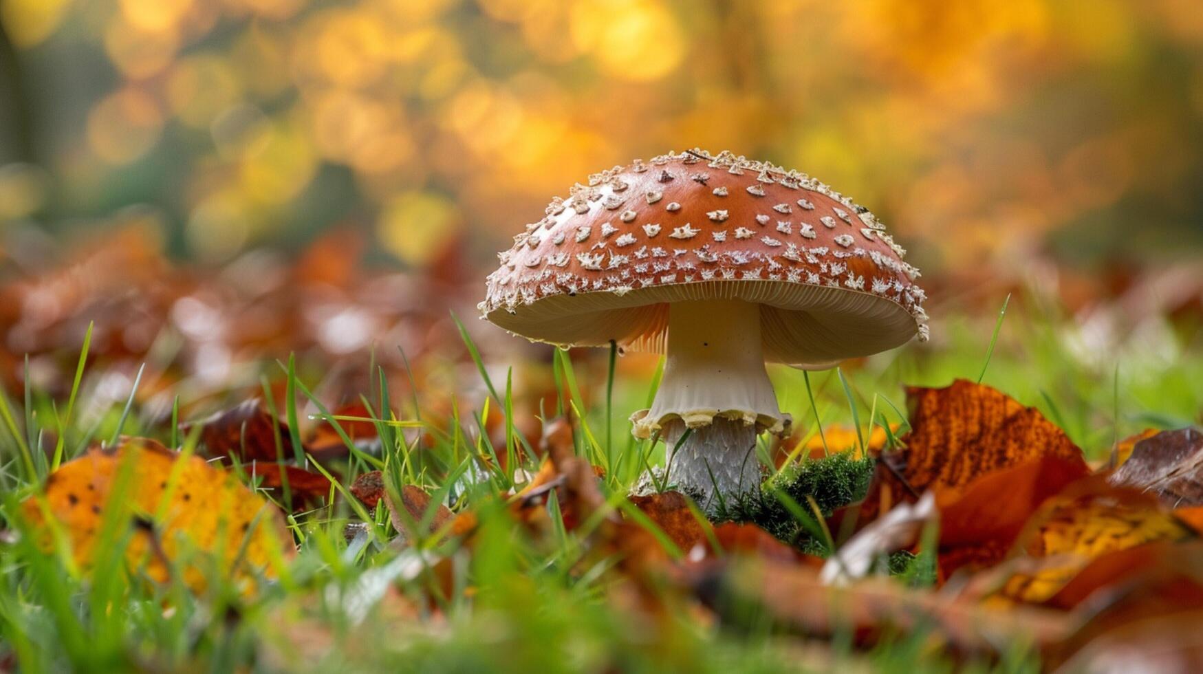 autumn forest close up of edible mushroom on grass photo