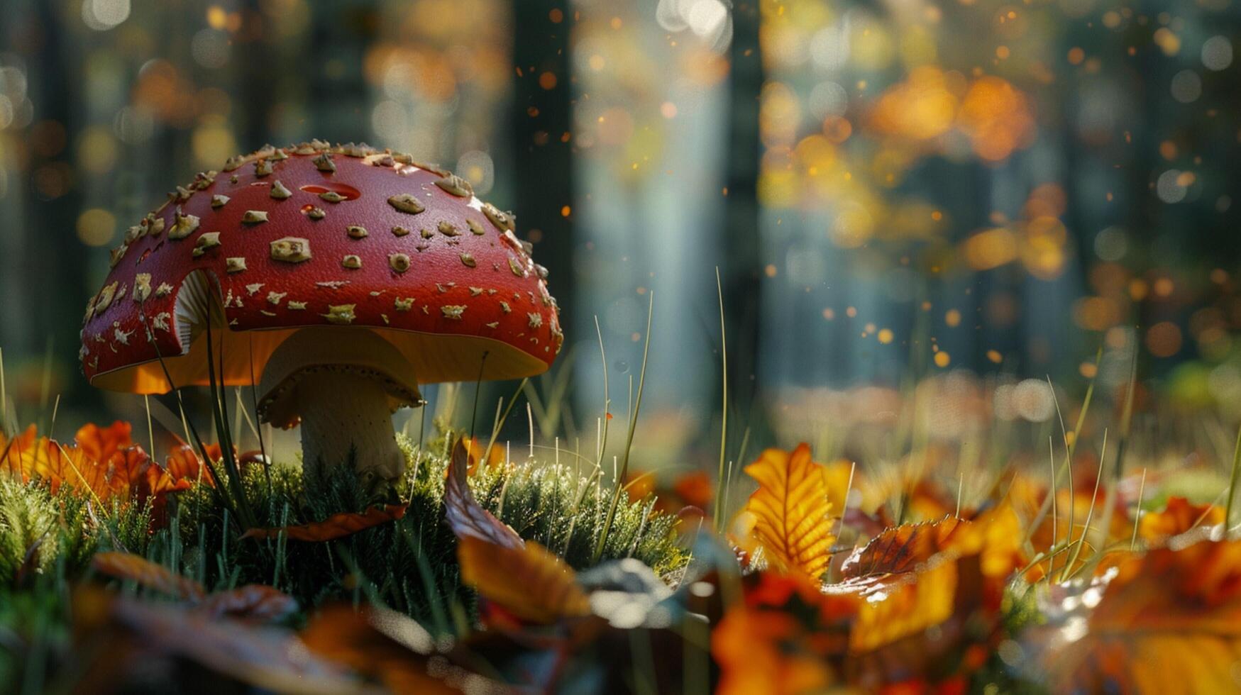 autumn forest close up of edible mushroom on grass photo