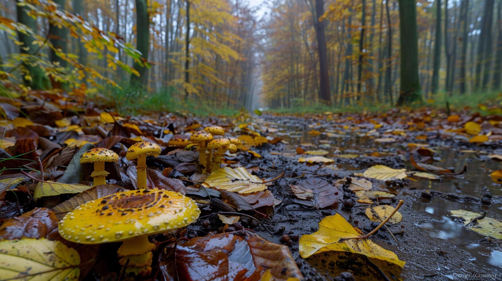 autumn forest green leaves yellow toadstools photo