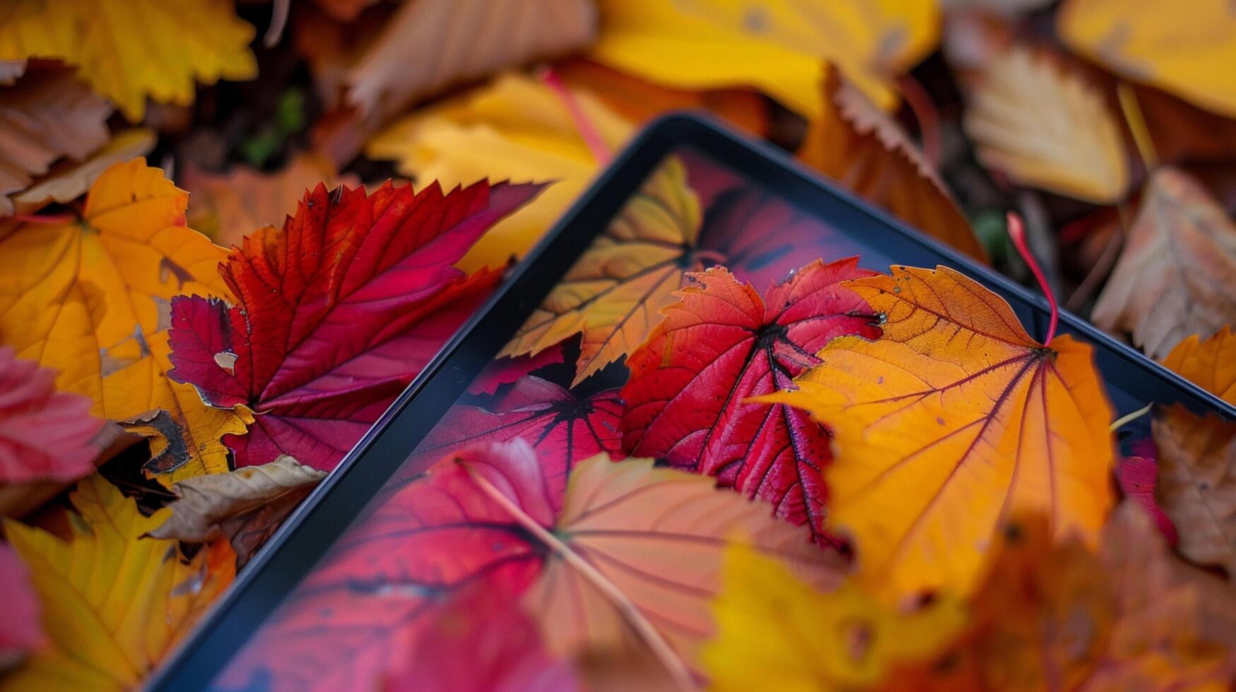 autumn leafs in tablet display technology photo