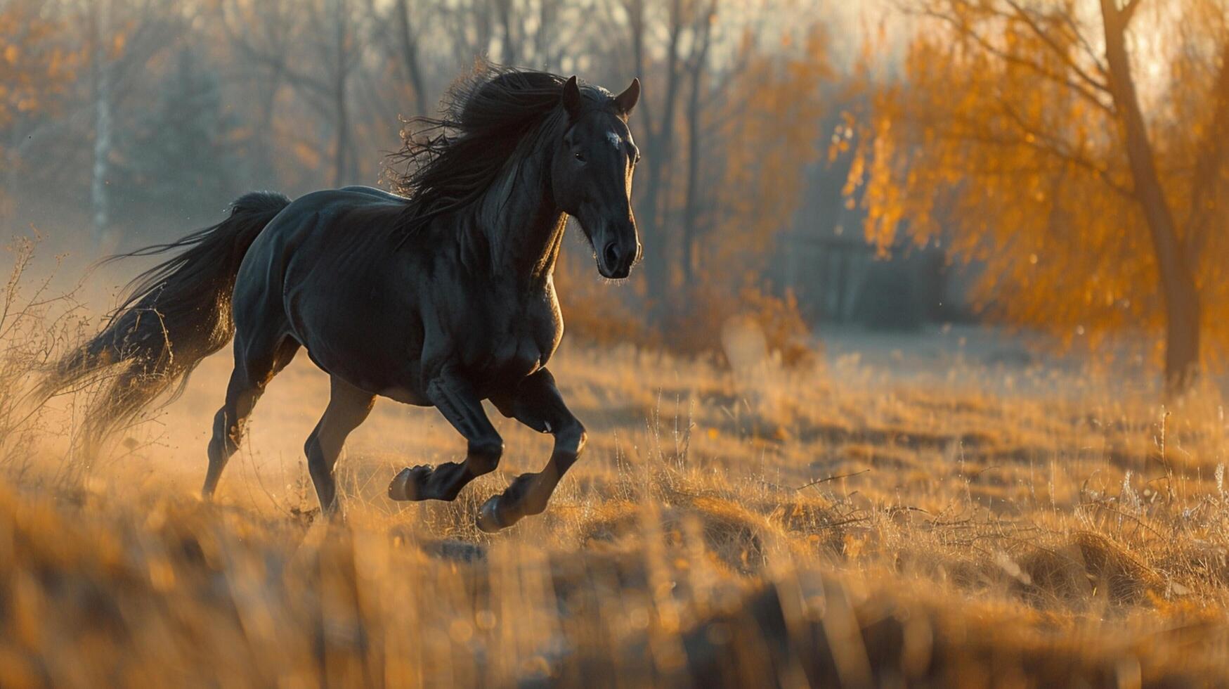 beautiful black stallion running in the wild photo