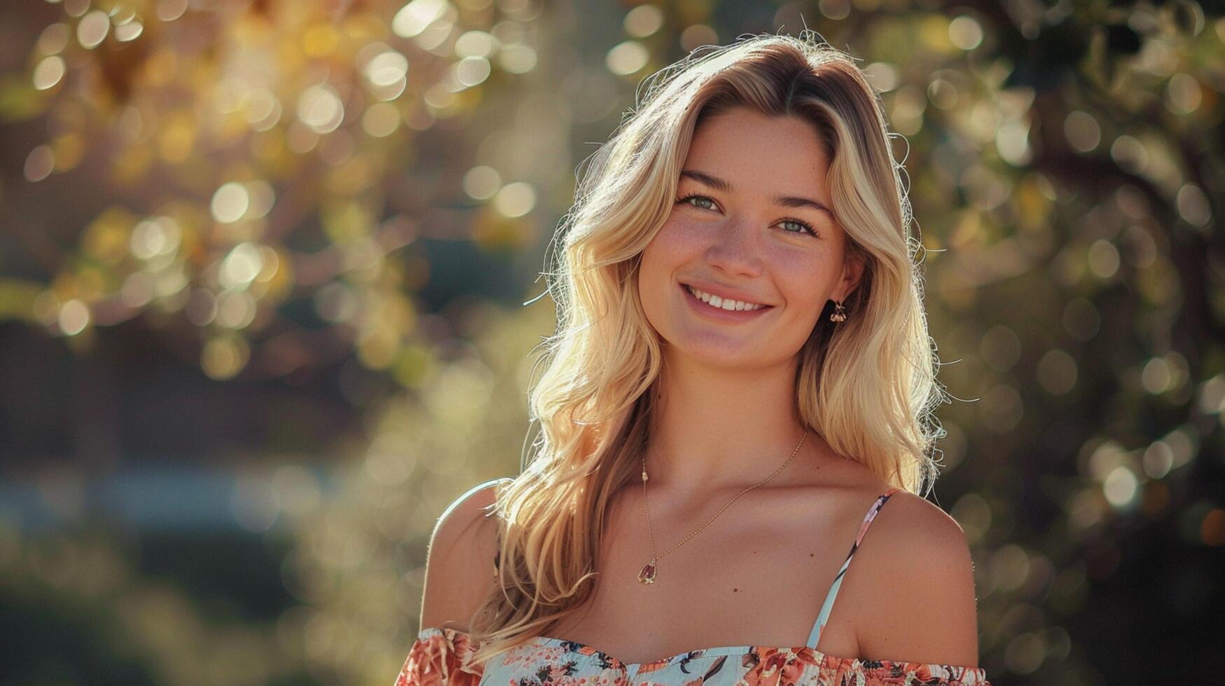 beautiful blond woman in a floral dress smiling photo