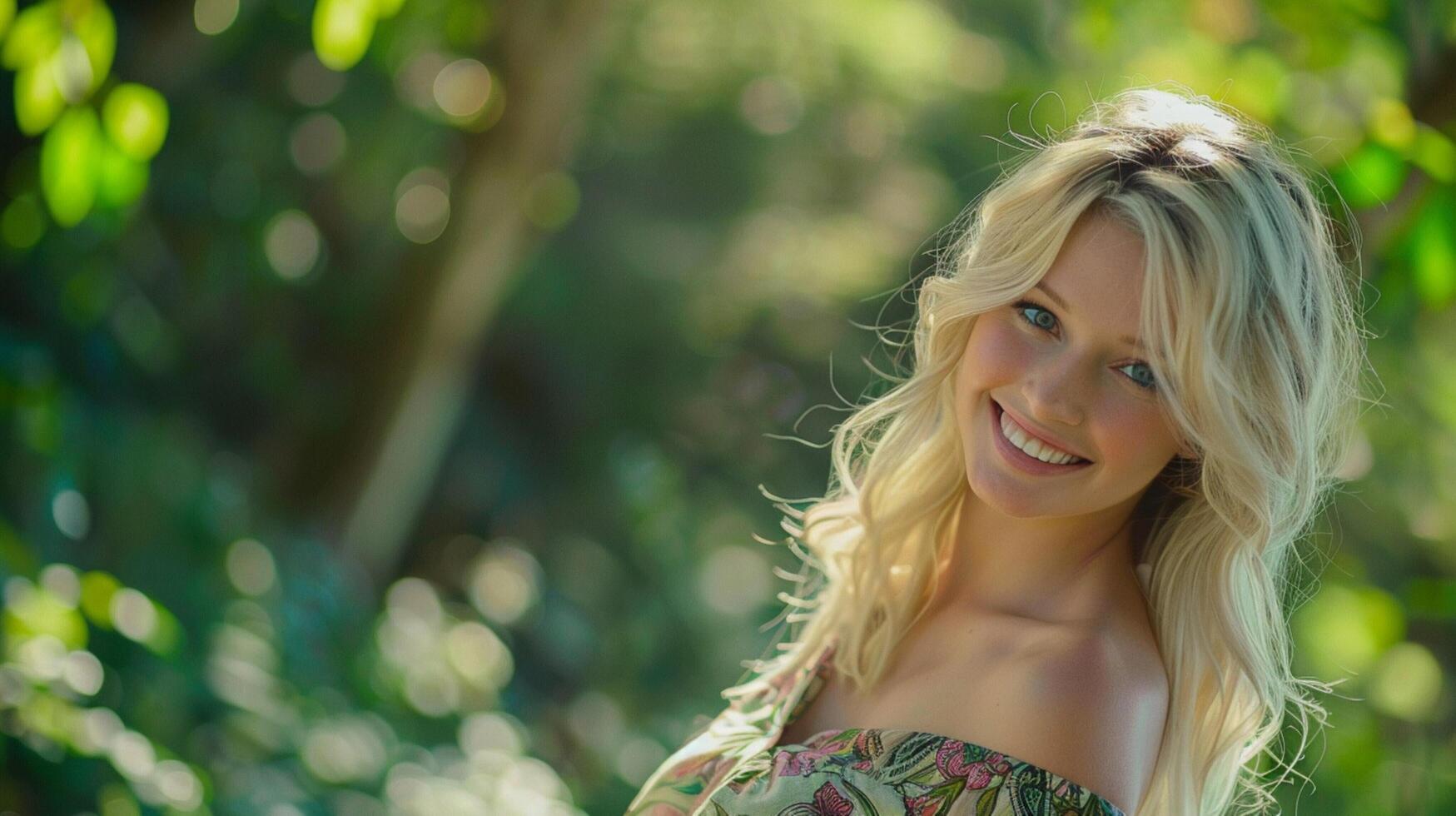 beautiful blond woman in a floral dress smiling photo
