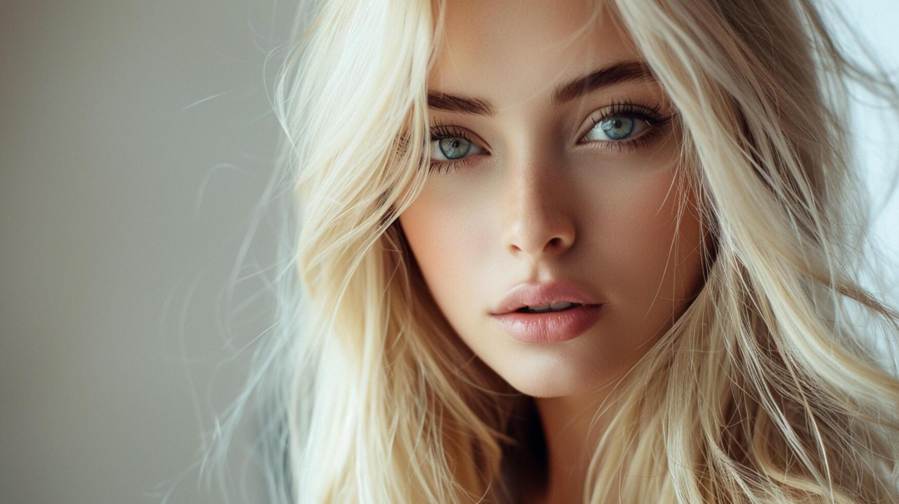beautiful fashion model with long blond hair look photo