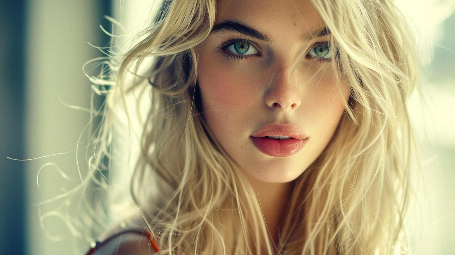 beautiful fashion model with long blond hair look photo
