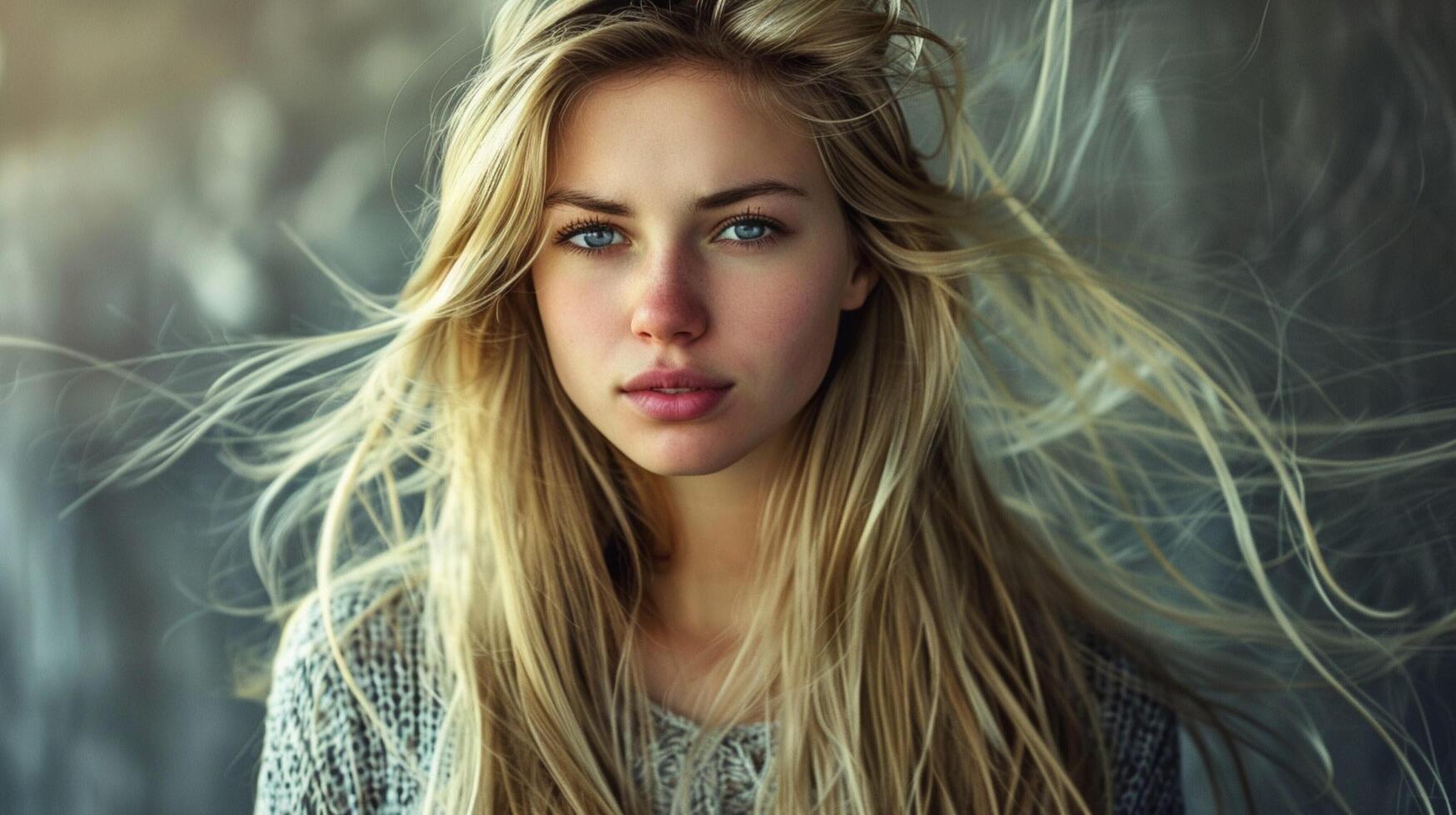 beautiful fashion model with long blond hair look photo