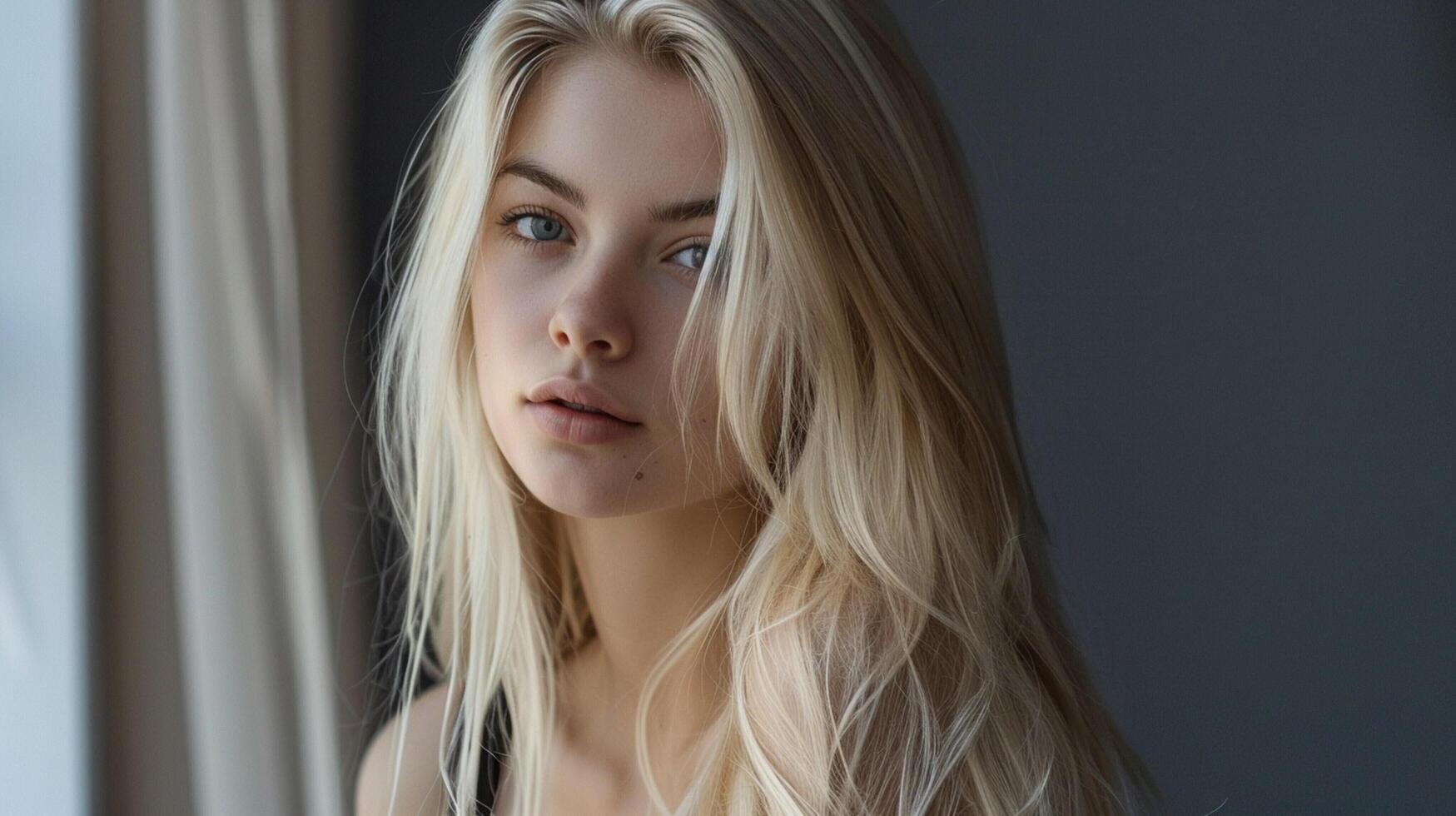 beautiful fashion model with long blond hair look photo