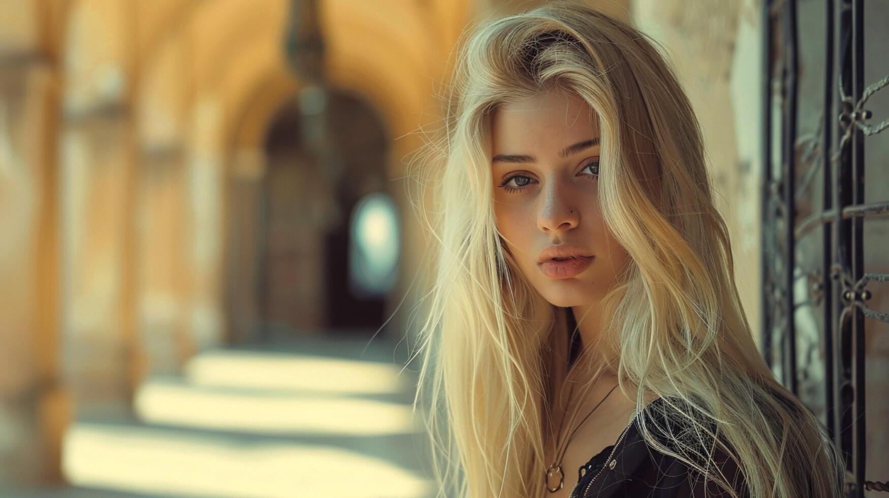 beautiful fashion model with long blond hair look photo