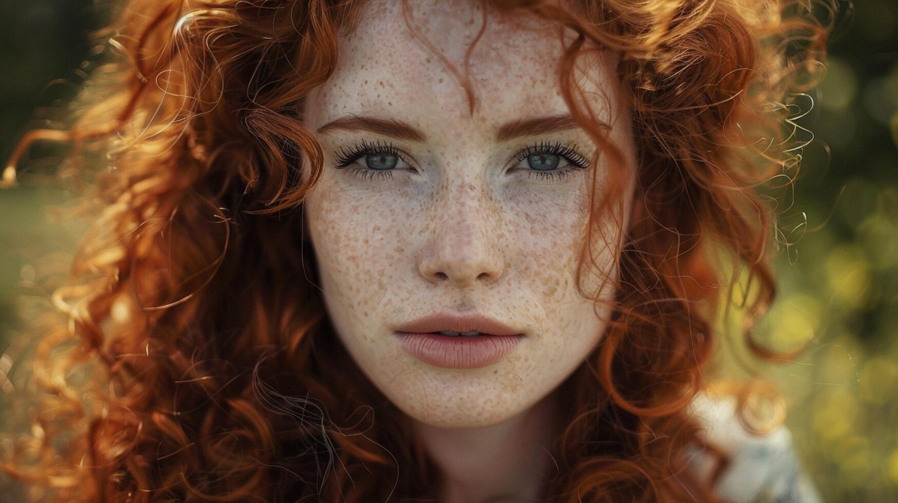 beautiful redhead woman with curly hair looking photo