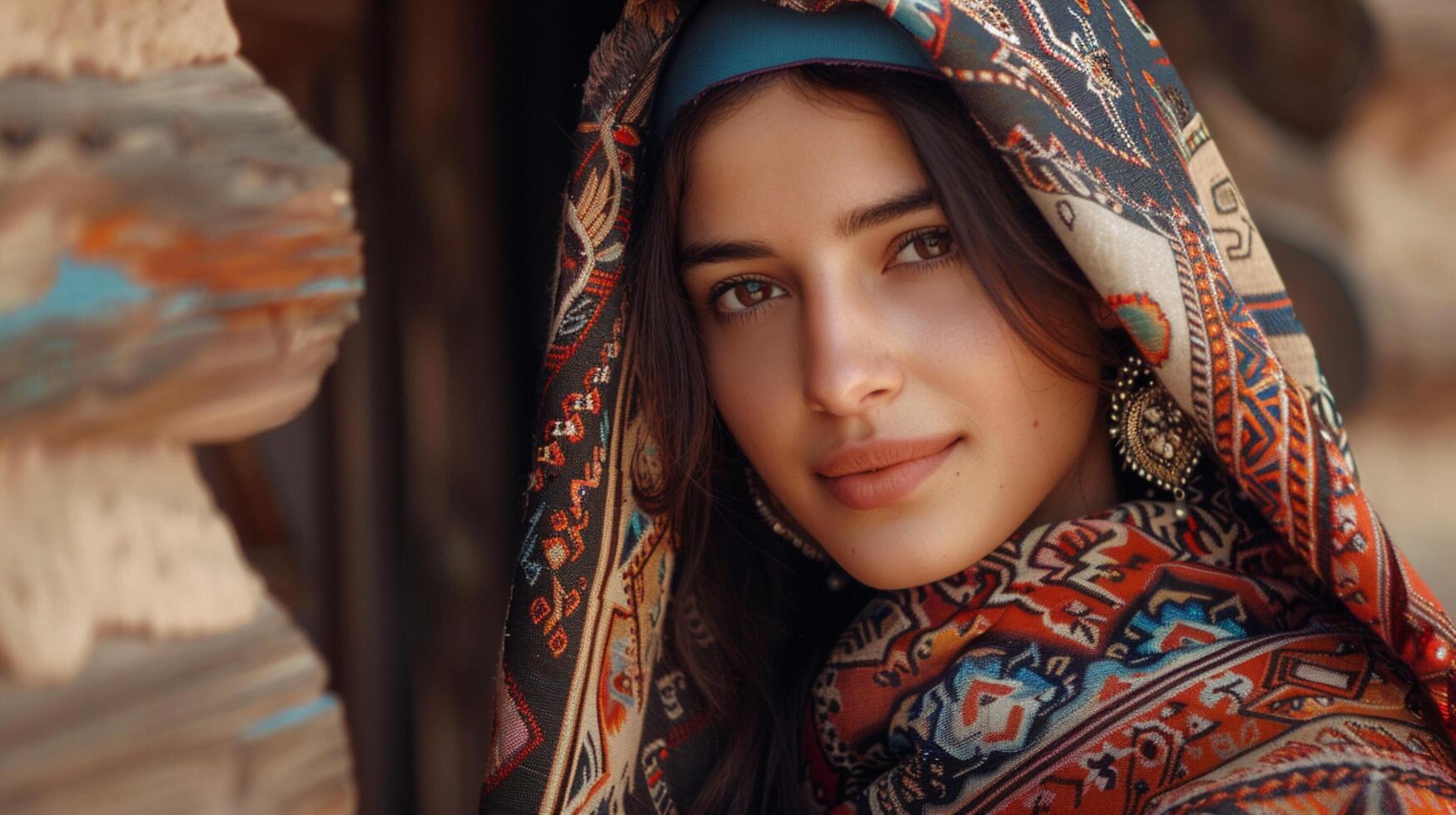 beautiful woman in traditional clothing looking photo