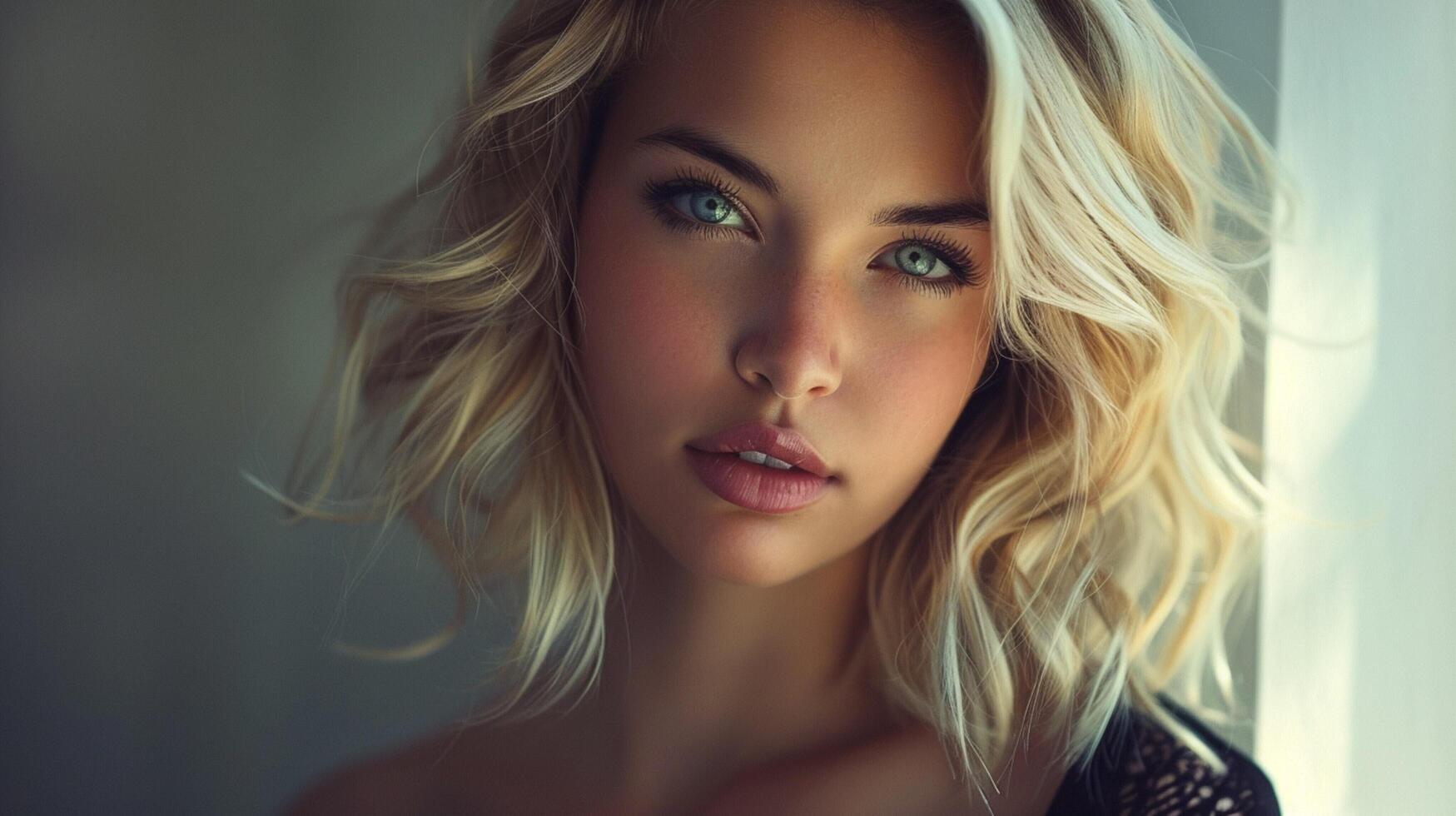 beautiful woman with blond hair looking at camera photo