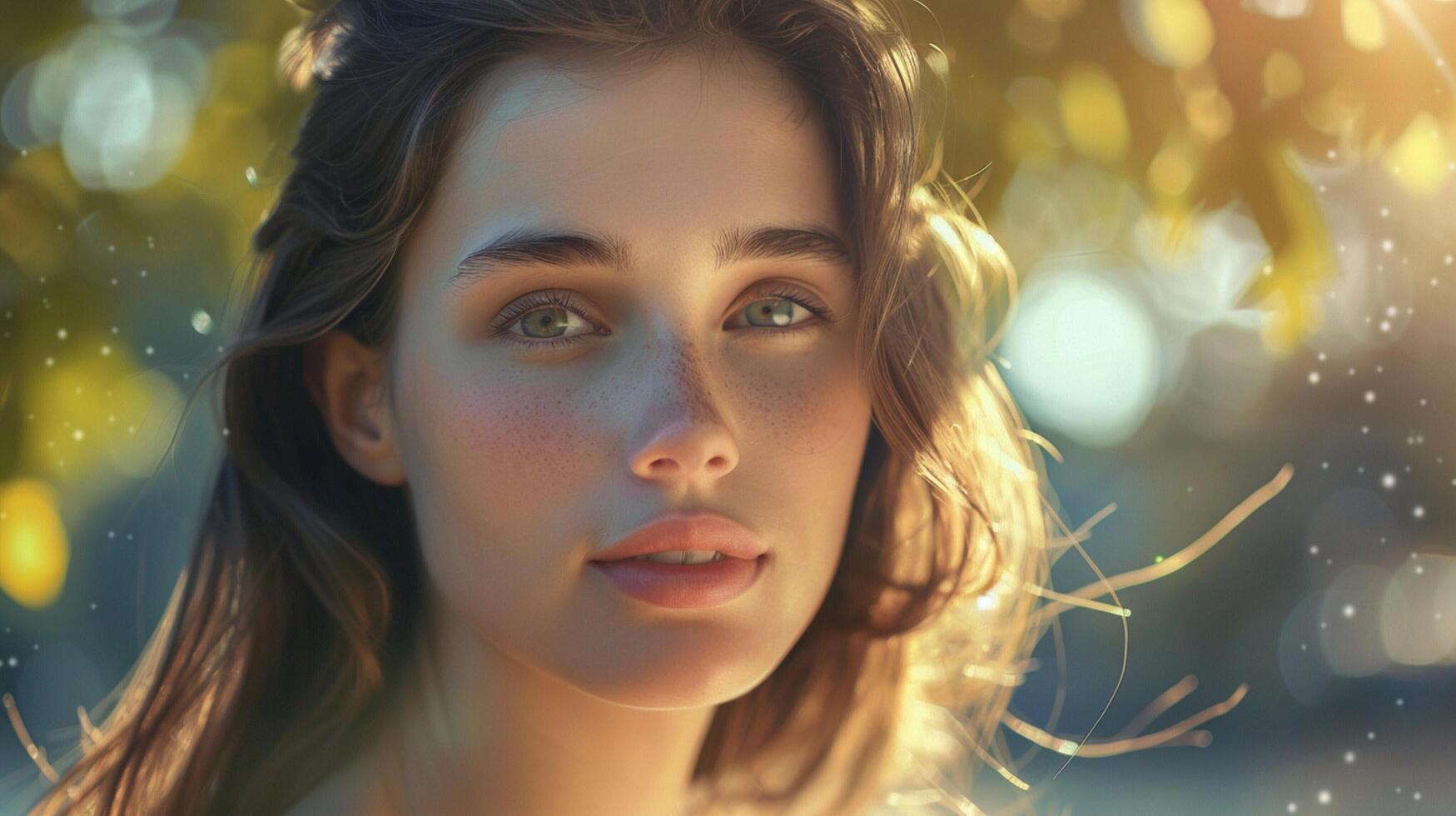 beautiful woman with brown hair looking at camera photo