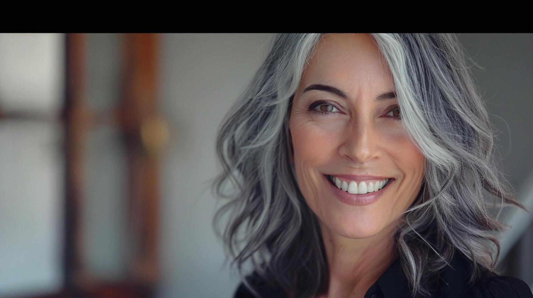 beautiful woman with gray hair smiling confident photo